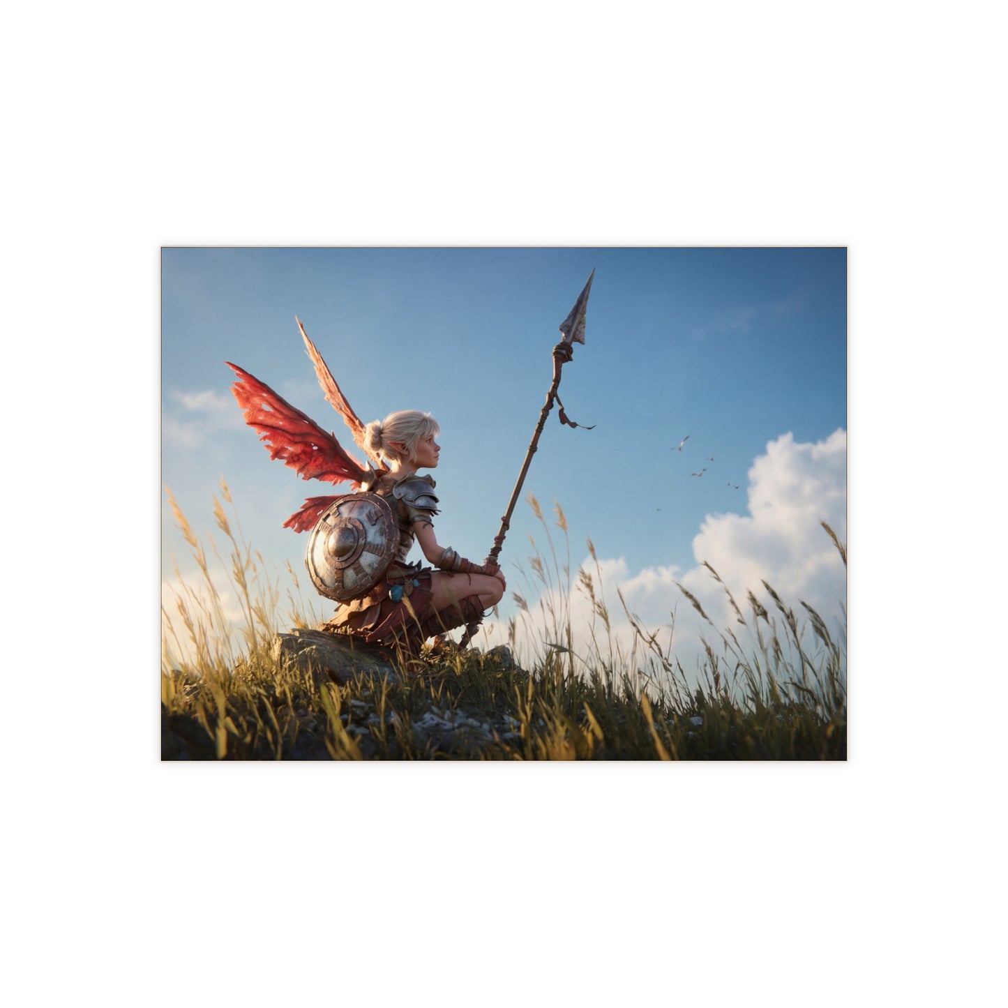 Warrior Angel in Sunset Grass Ceramic Photo Tile – Guardian of the Whispering Hills