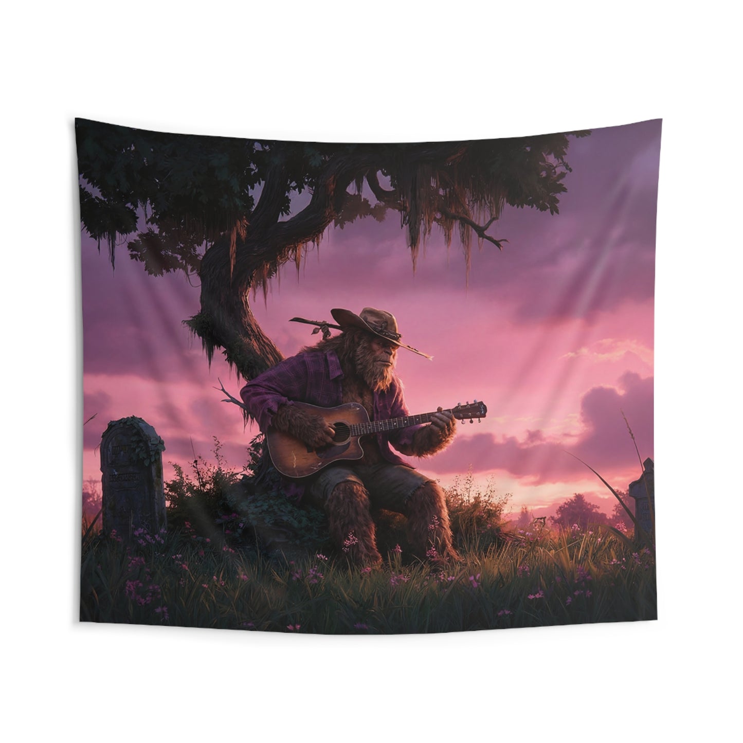 Bigfoot Folk Singer Wall Tapestry – Sunset Serenade in the Whispering Grove