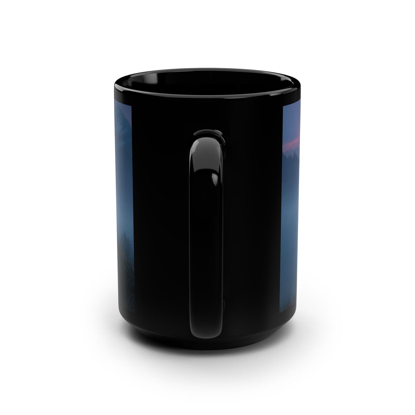 Sentinel and Spark Black Mug, 15oz – Misty Dawn Mountain Guardian