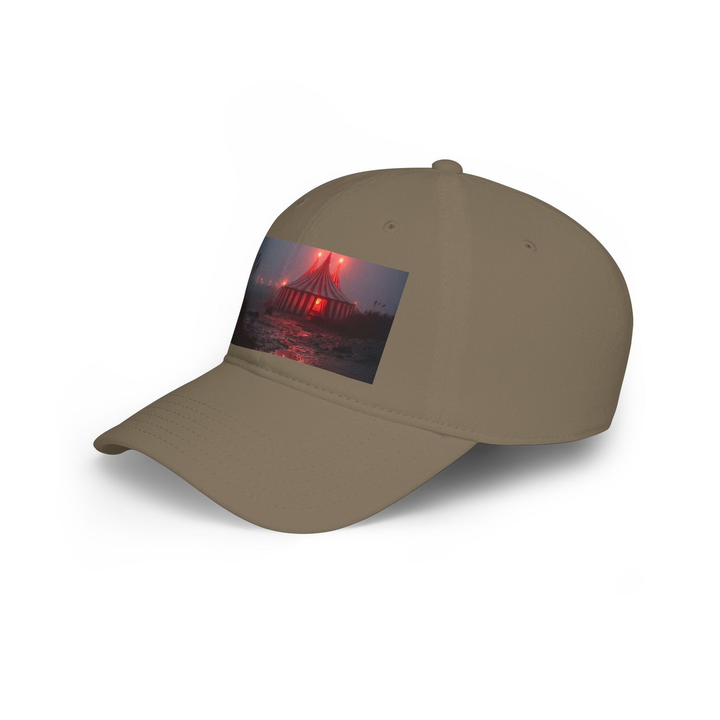 Crimson Carnival Tent Cap – Foggy Shoreline Circus Scene Low Profile Baseball Cap