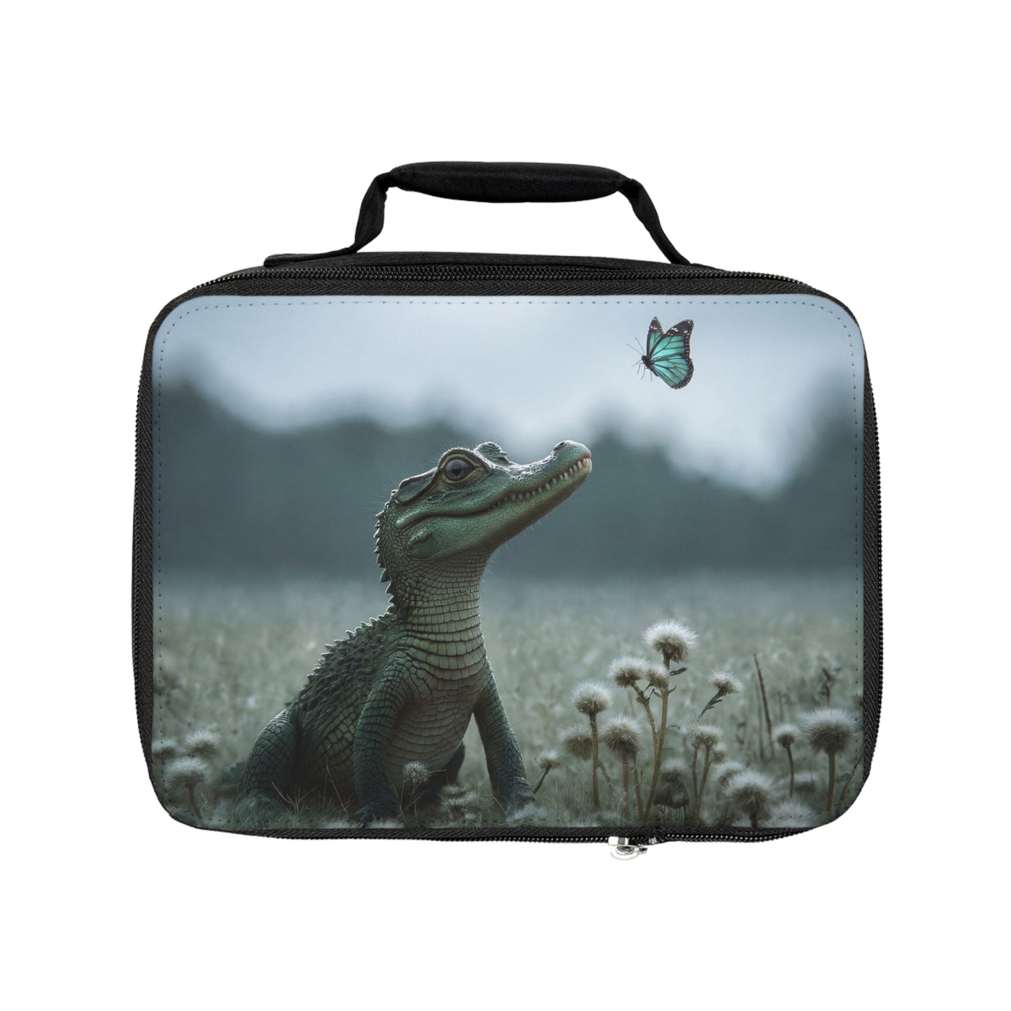 Curious Caiman Lunch Bag – Emerald Gaze Meets Azure Butterfly