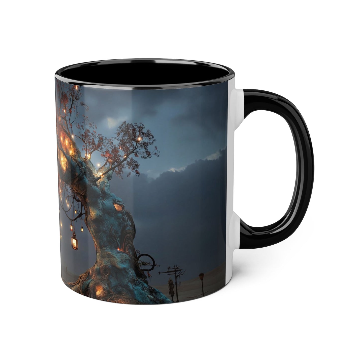 Lantern-Heavy Tree Accent Mugs, 11oz – Amber Glow Over Blue-Glowing Roots
