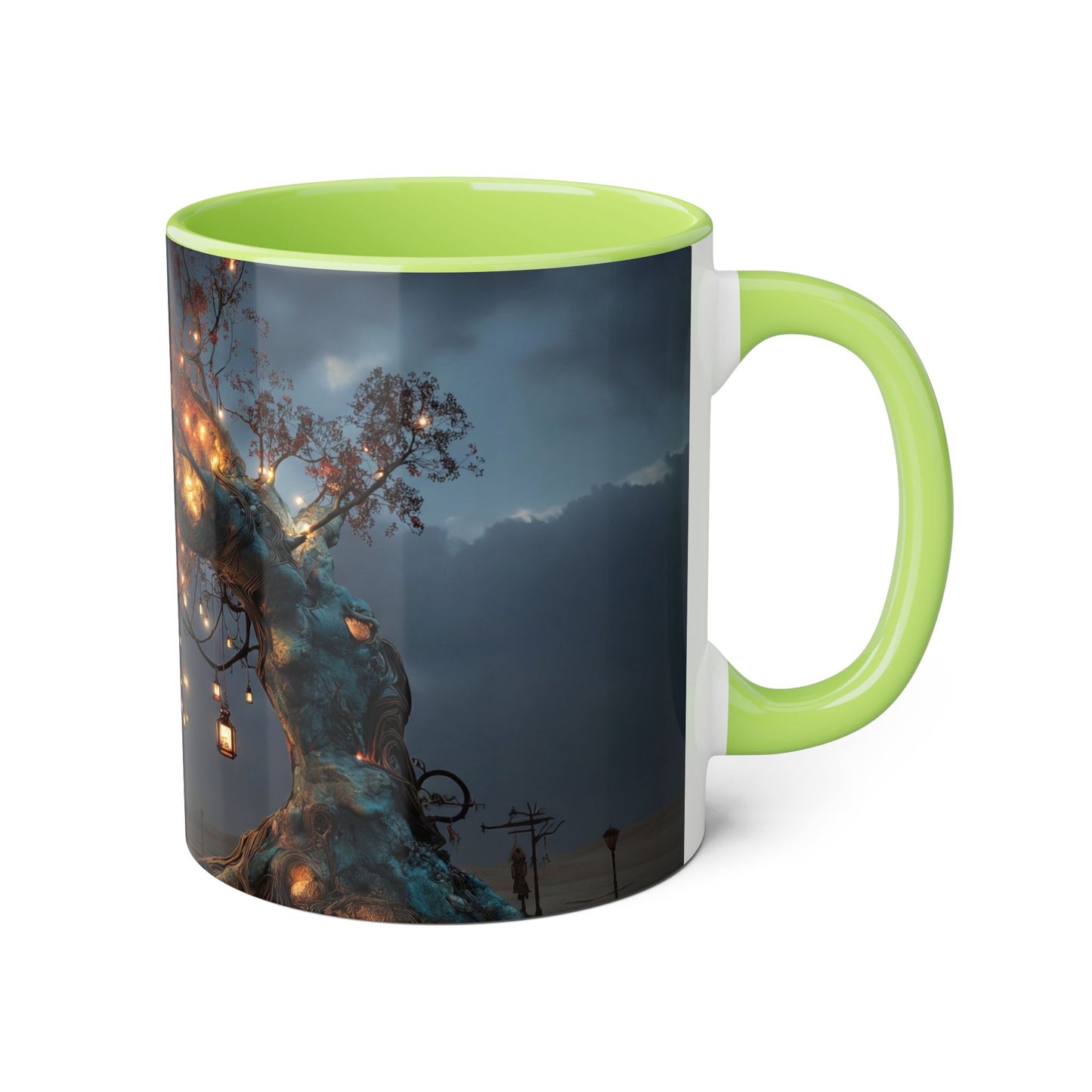 Lantern-Heavy Tree Accent Mugs, 11oz – Amber Glow Over Blue-Glowing Roots