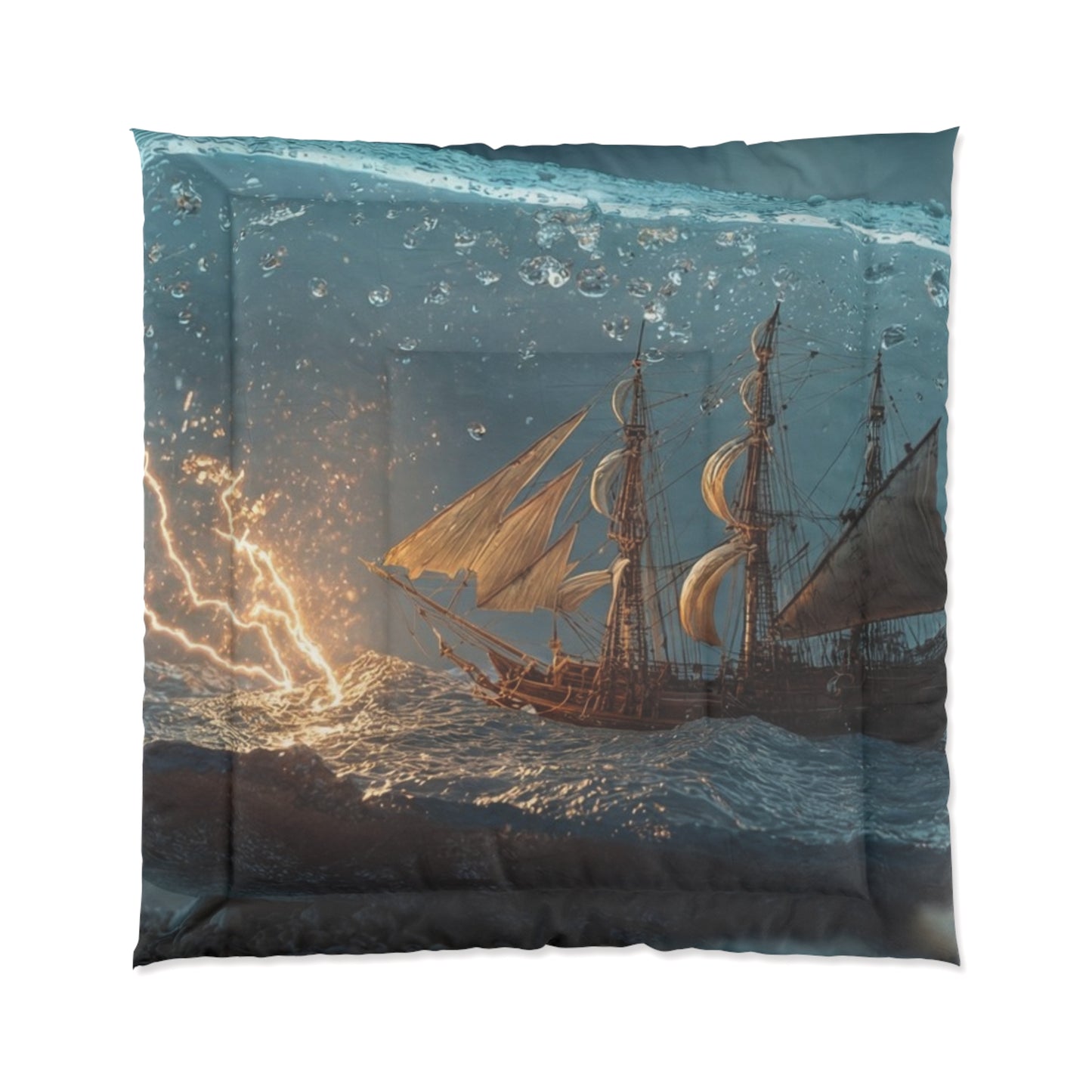 Storm-Sailed Ship in Bottle Comforter – Pocketed Seascape Sanctuary