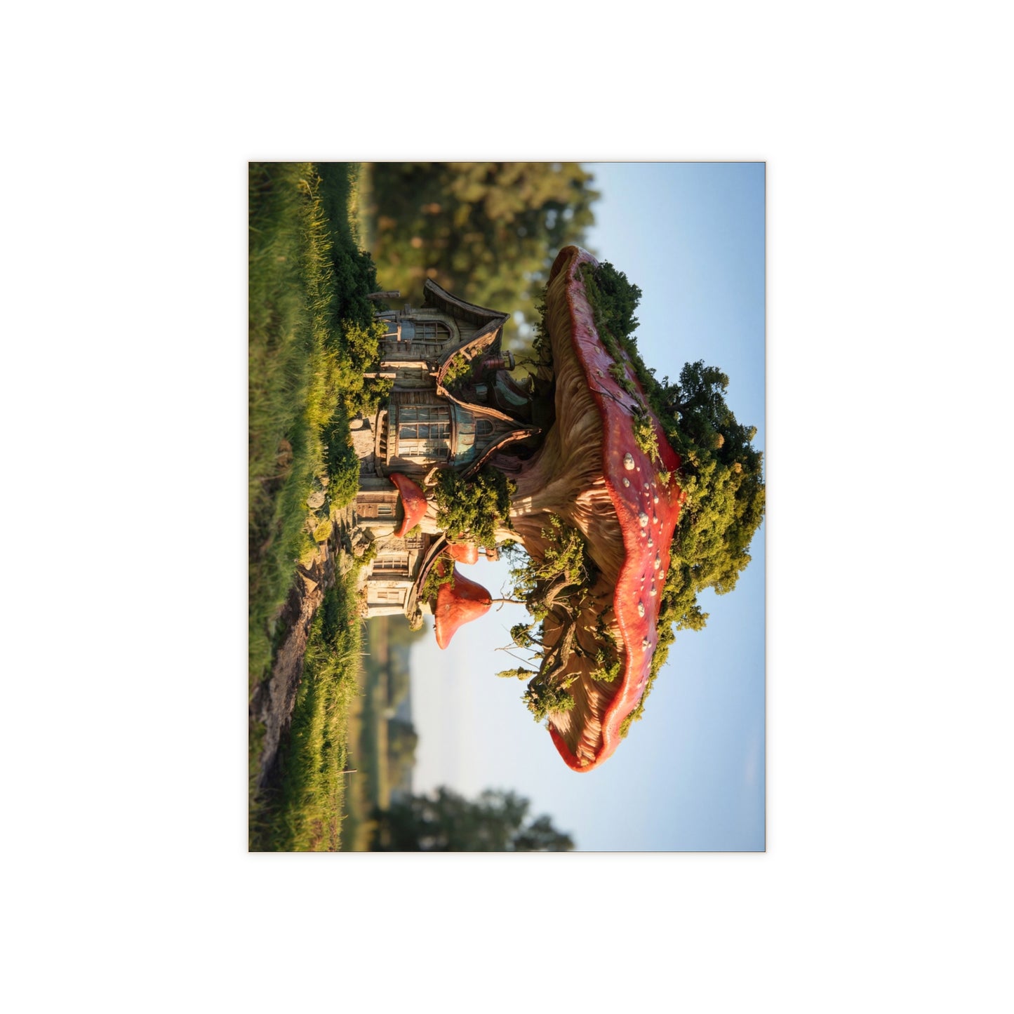 Mushroom Cottage Ceramic Photo Tile – Red Cap Sanctuary in Sunlit Meadow