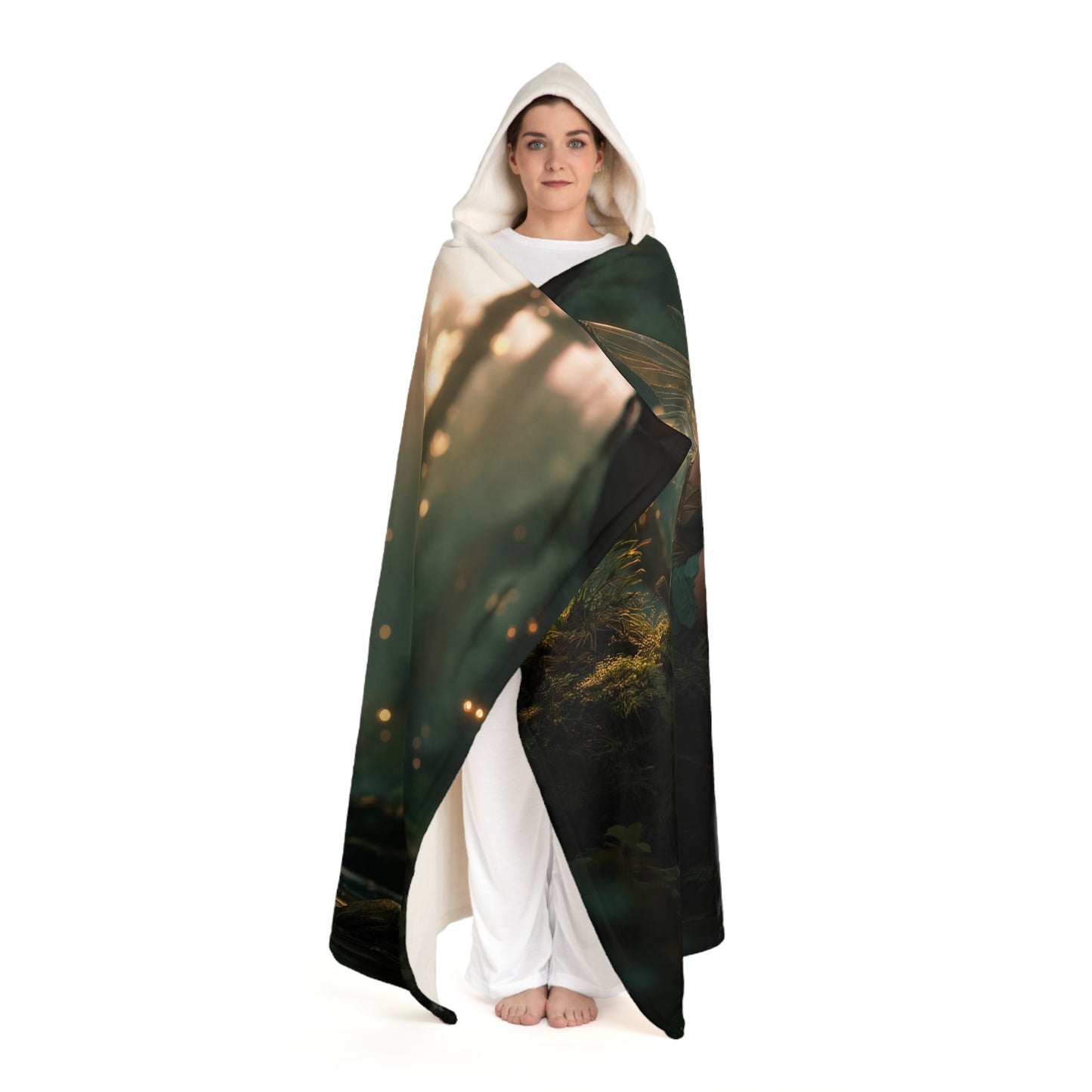 Mossy Bank Fairy Hooded Sherpa Fleece Blanket – Golden Hour Forest Guardian