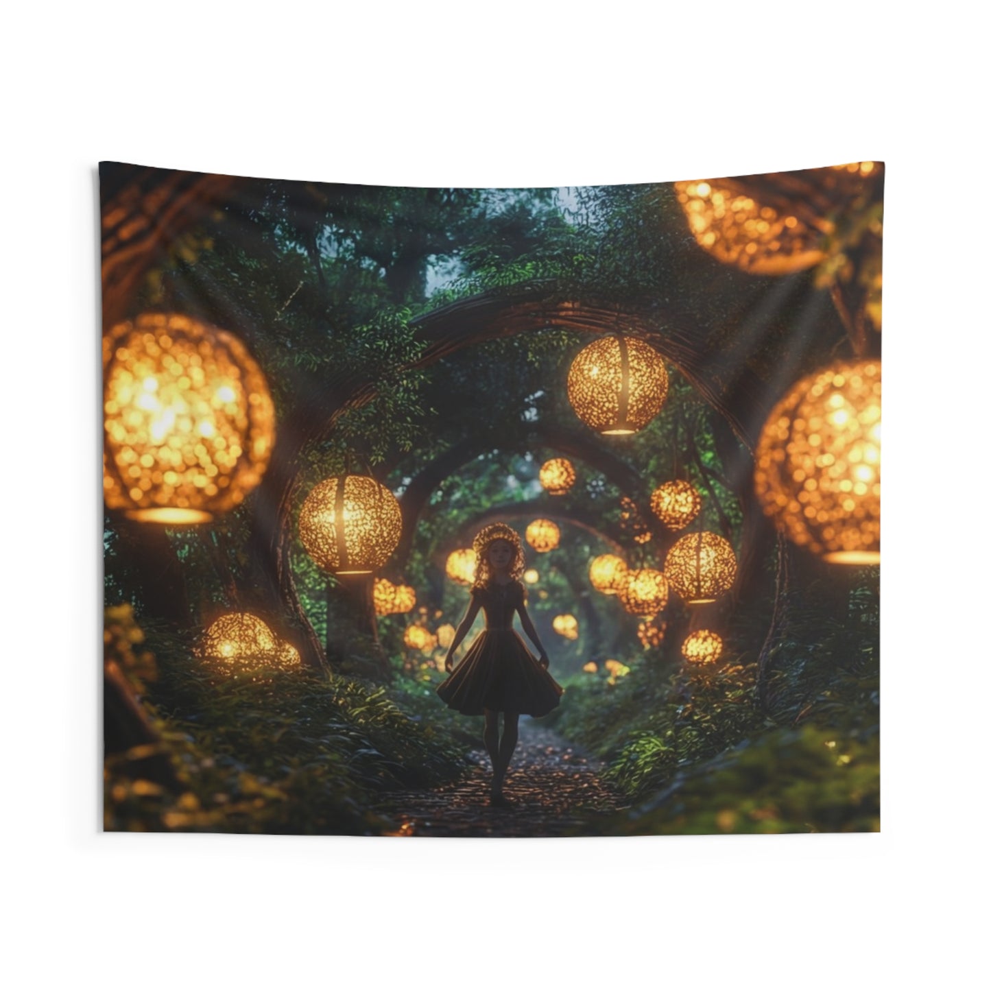 Girl Among Glowing Lanterns Indoor Wall Tapestries – Whispering Forest Pathway