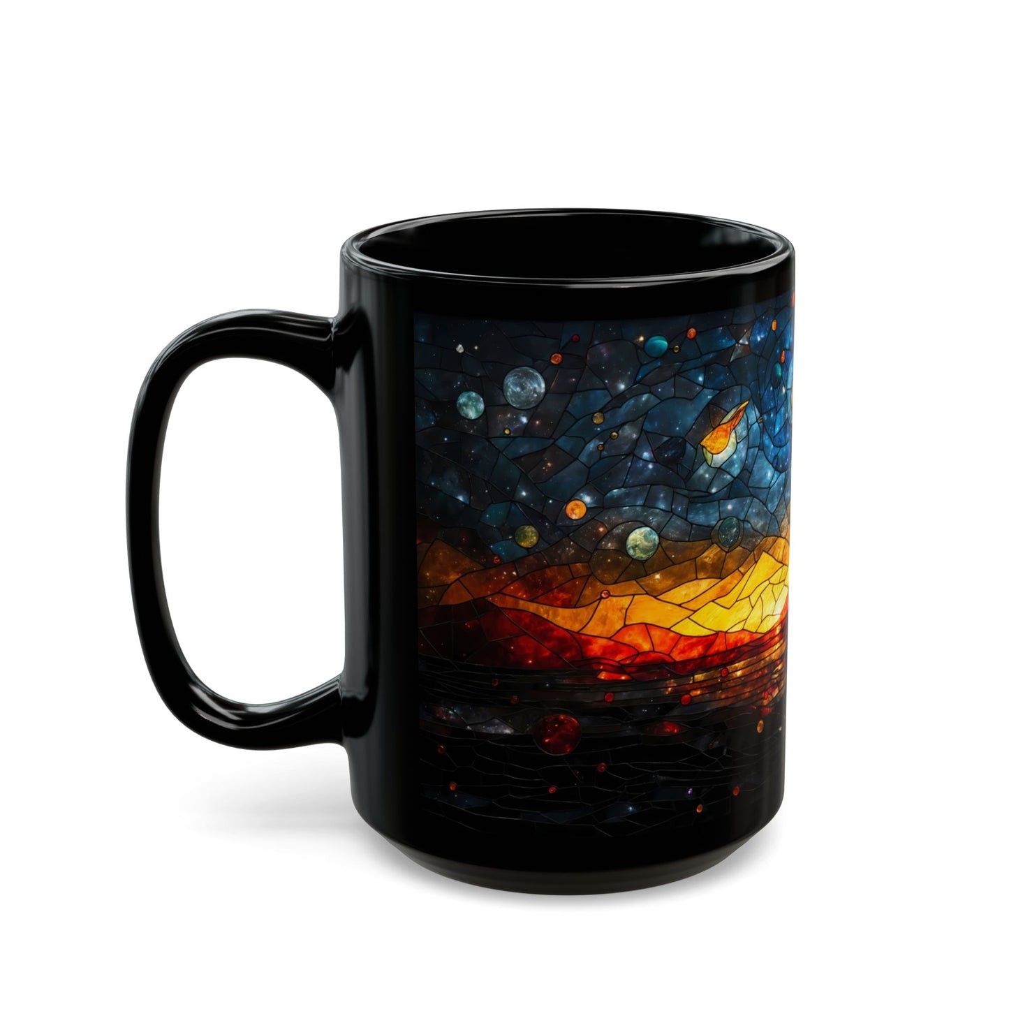 Cosmic Stained Glass Cat Mug – Celestial Guardian at Sunset