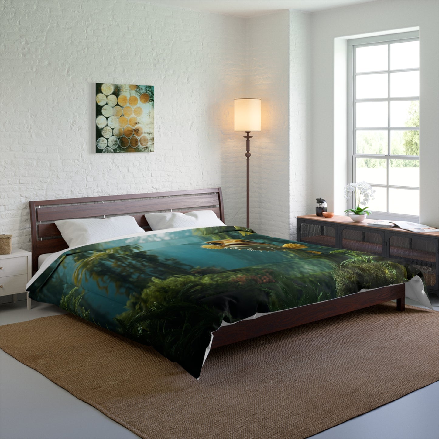 Sunbeam Pufferfish Comforter – Whispering Kelp Forest Dreamscape