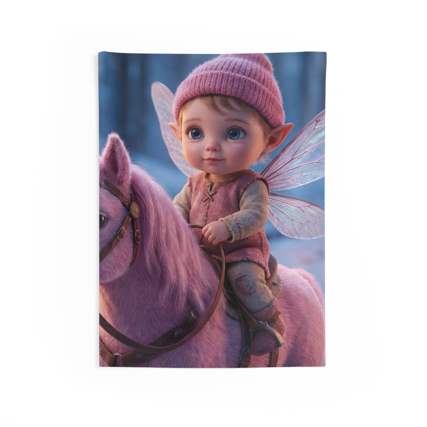 Fairy Child on Pink Unicorn Indoor Wall Tapestries – Winter Forest Whispers