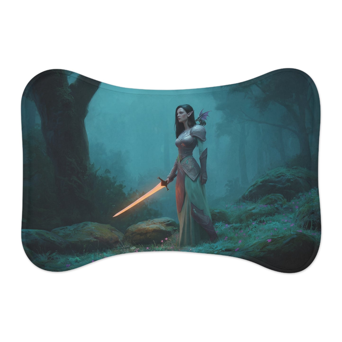 Guardian Elf Pet Feeding Mats – Mossy Forest Sentinel with Glowing Blade