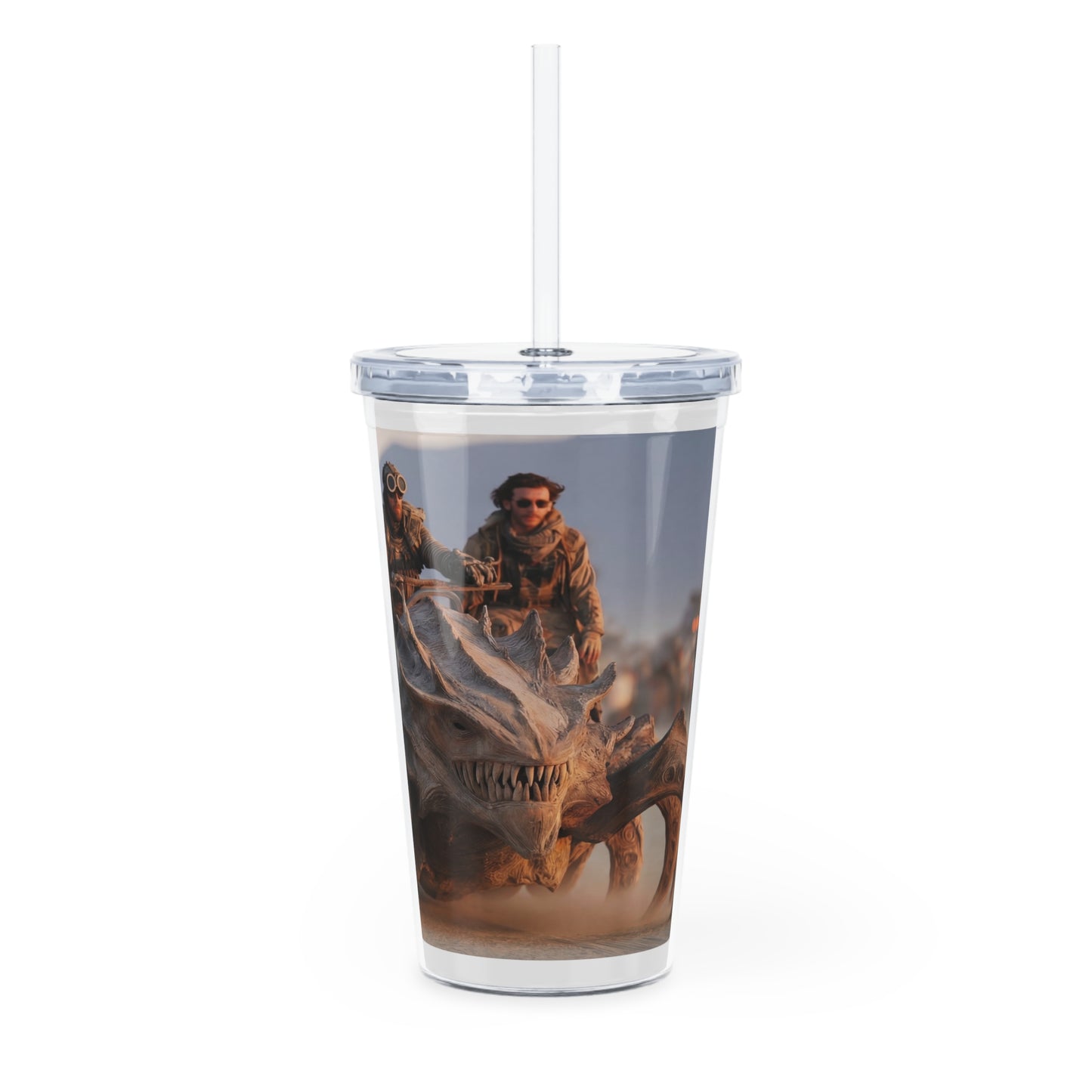Desert Dragon Bike Tumbler with Straw – Sunset Ride Through Dusty Wasteland