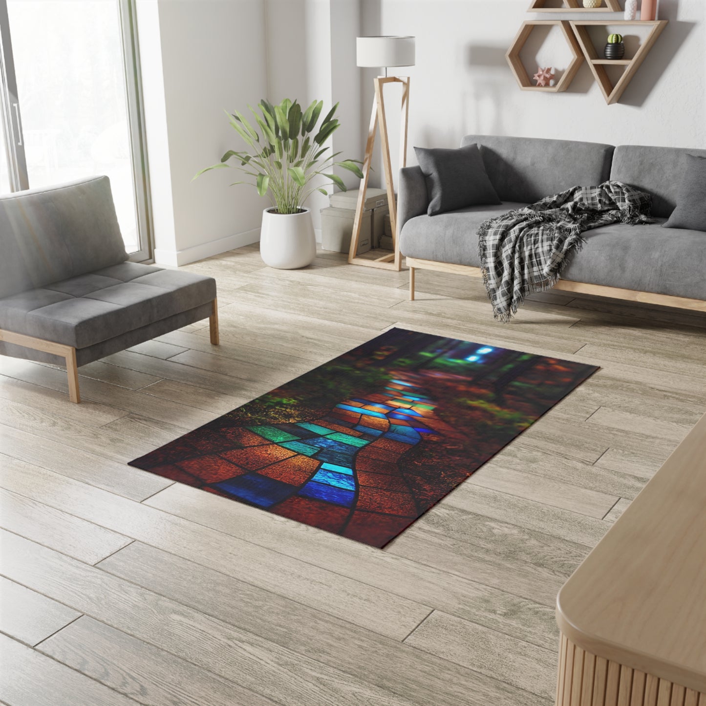 a path paved with stained glass winding through the forest. The path is made of beautiful brightly colored blue green red bronze luminous glass, high quality photograph - Dobby Rug