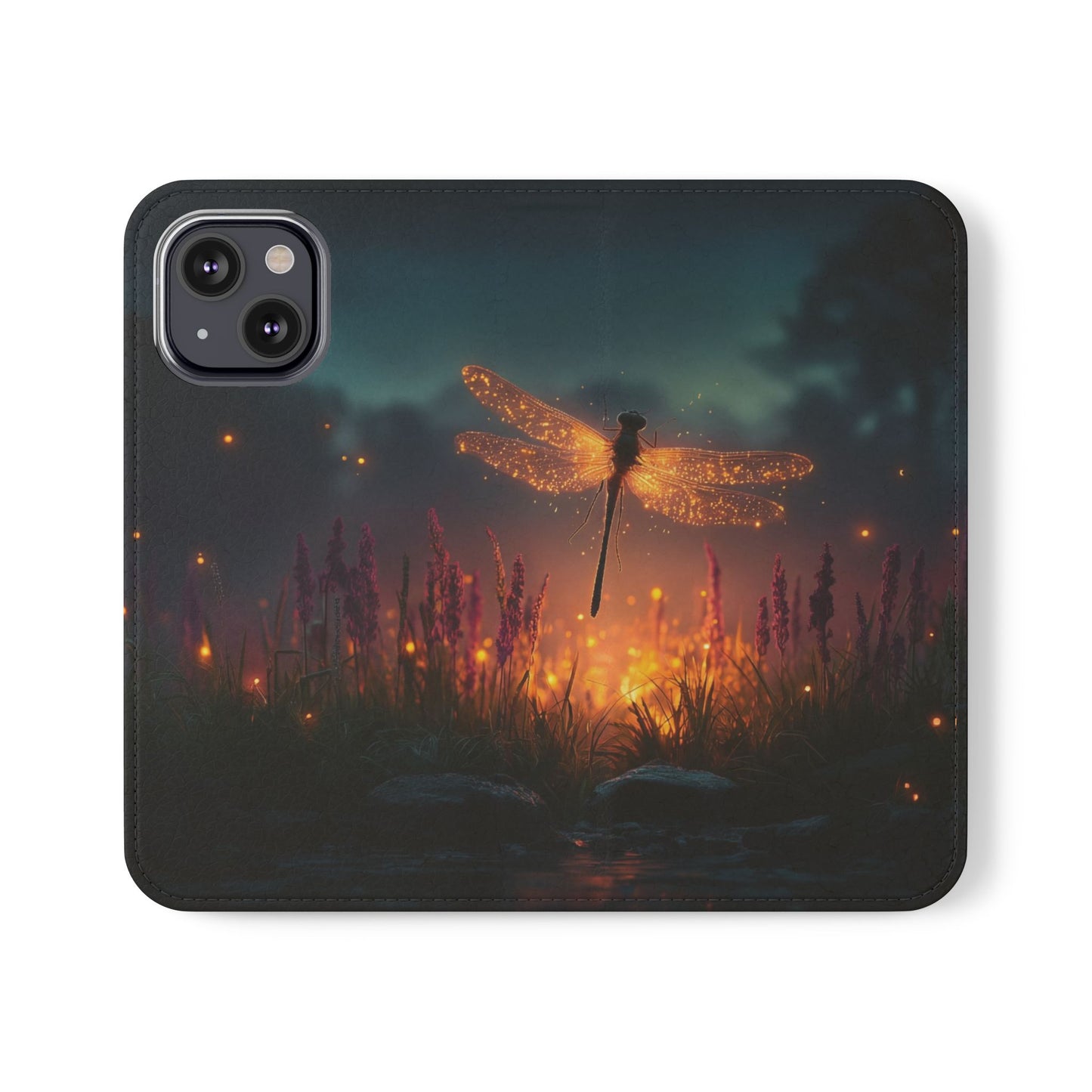 Bioluminescent Dragonfly Flip Cases – Glowing Amber Wings Over Twilight Marsh