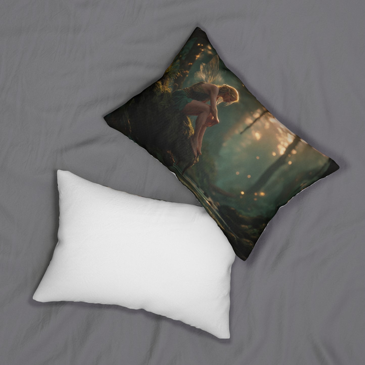 Whispering Woods Fairy Lumbar Pillow – Golden Hour Sanctuary