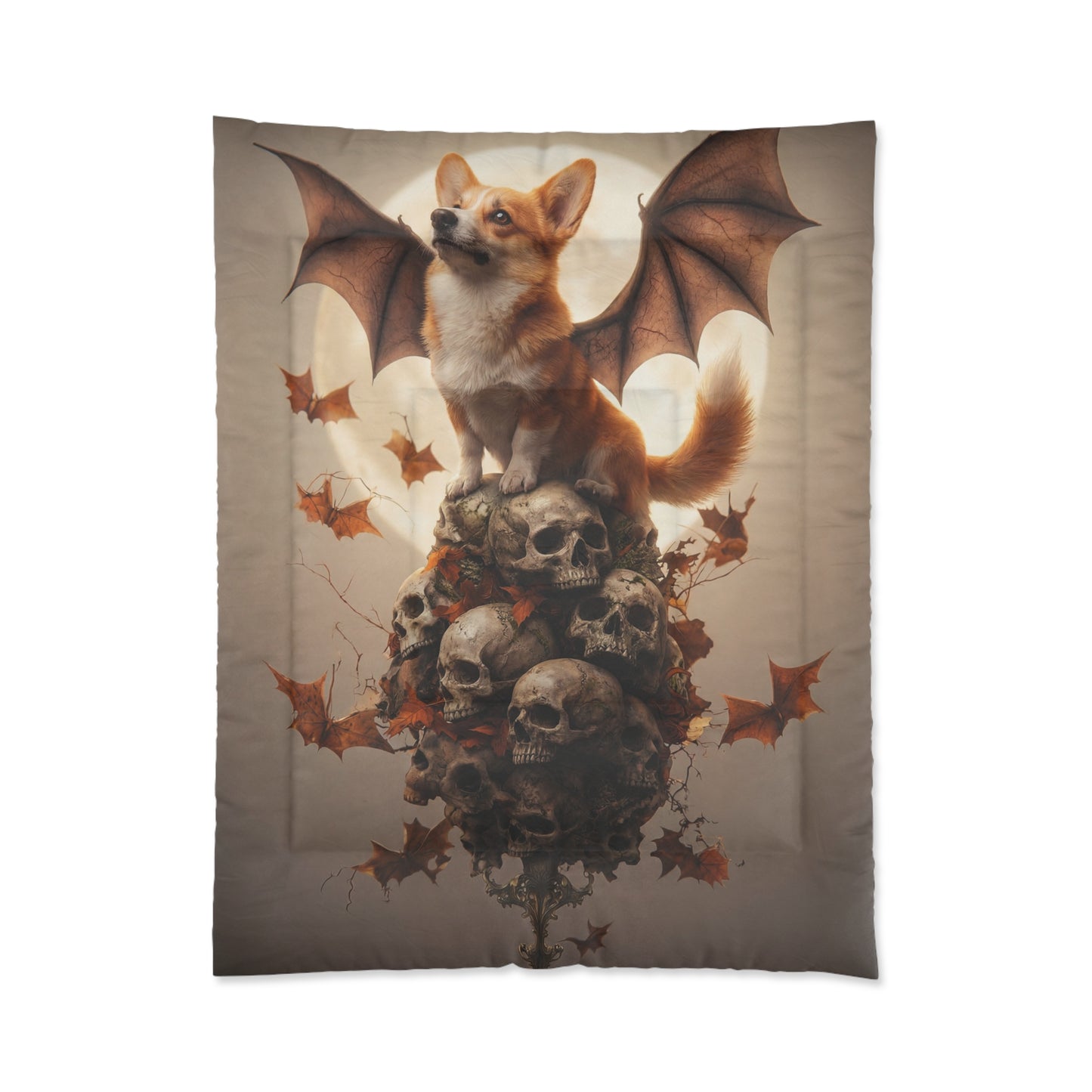 Winged Corgi on Skull Throne Comforter – Autumn Moonlit Fantasy