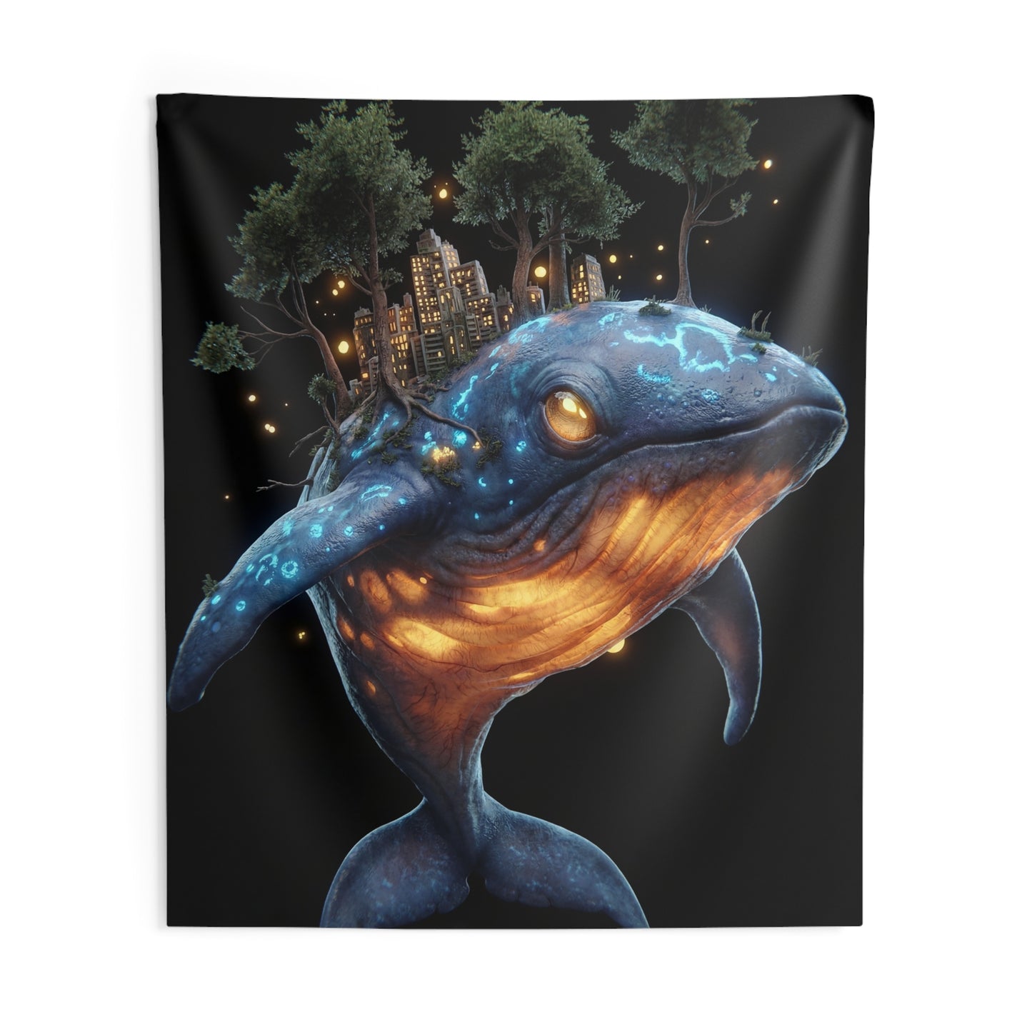 Celestial Whale Guardian Tapestry – Bioluminescent Cityscape on a Dreamer’s Back