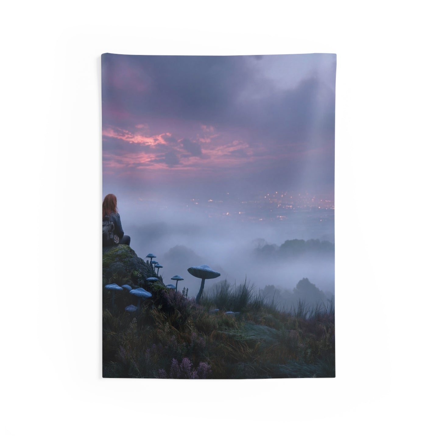 Moonlit Wanderer Wall Tapestry – Twilight Meadow with Bioluminescent Fungi