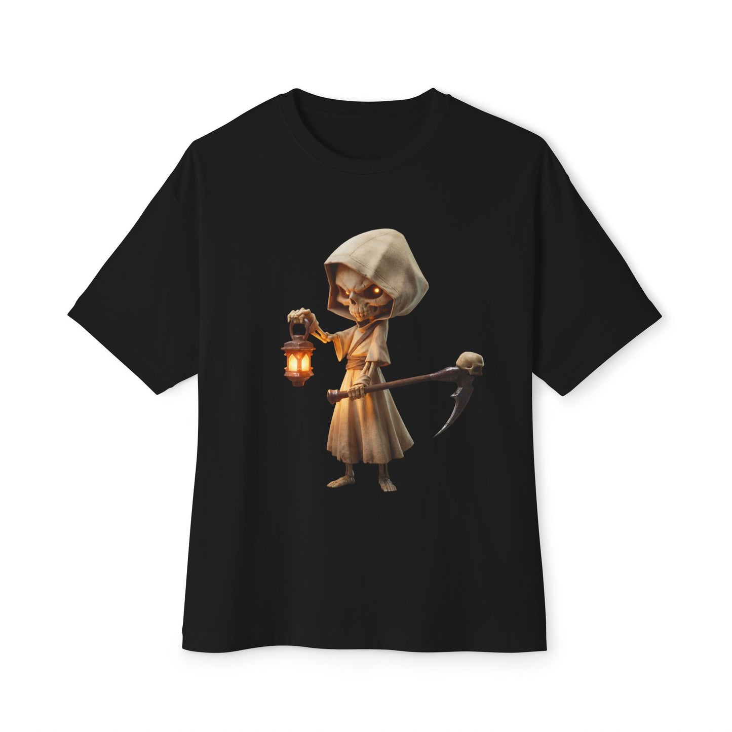 Lantern-Bearing Reaper Oversized Boxy Tee – Hooded Sentinel with Scythe and Warm Glow