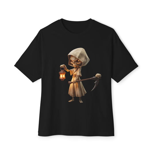Lantern-Bearing Reaper Oversized Boxy Tee – Hooded Sentinel with Scythe and Warm Glow
