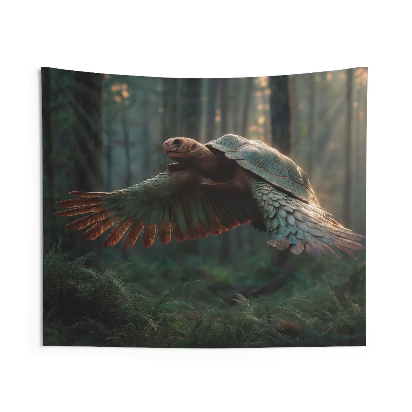 Winged Tortoise Forest Tapestries – Sunlit Flight Through Ancient Canopy