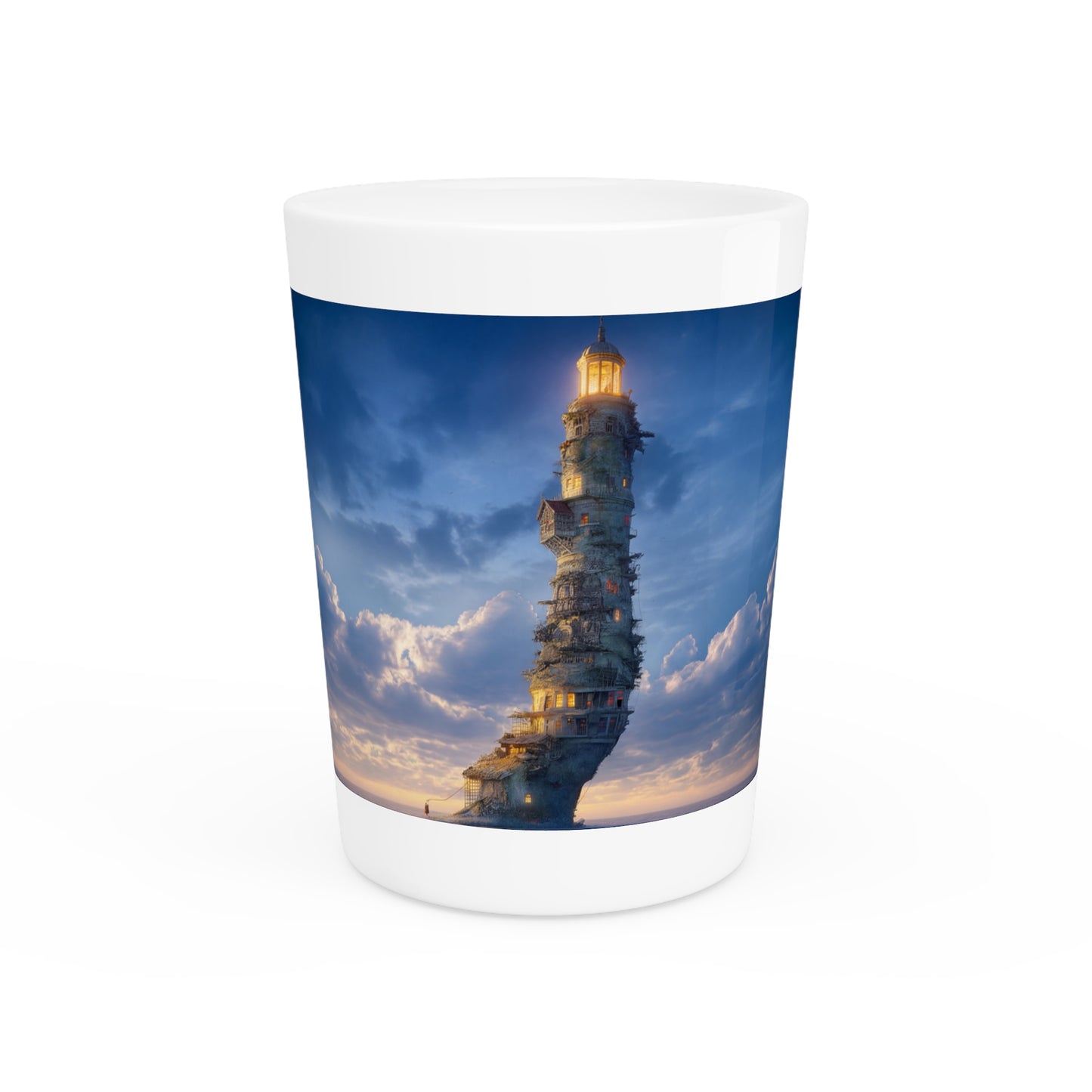 Skyborne Lighthouse Shot Glass – Warm Light Against the Azure Expanse