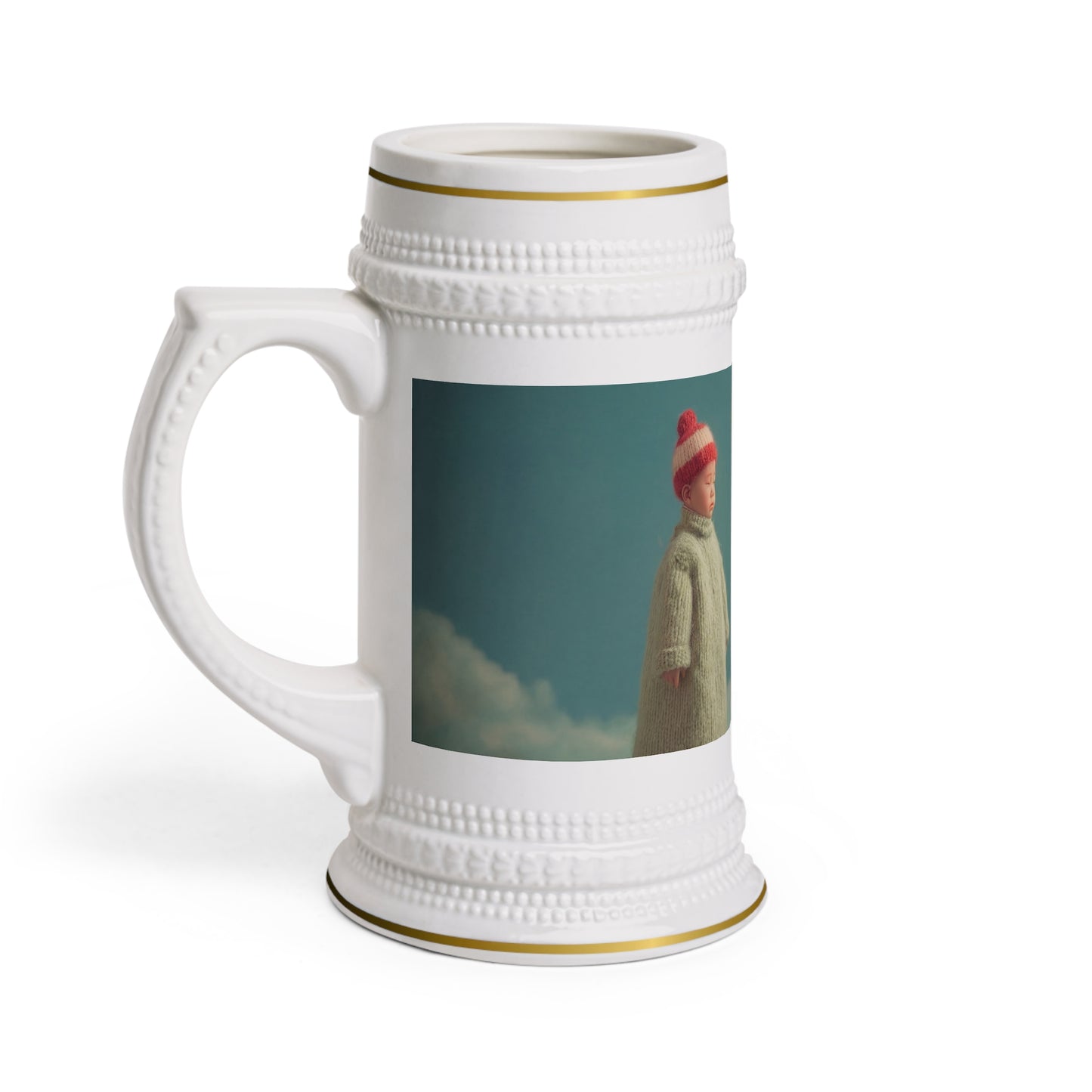 Knitted Child and Felt Dragon Stein Mug – Cozy Cloudside Guardian Scene