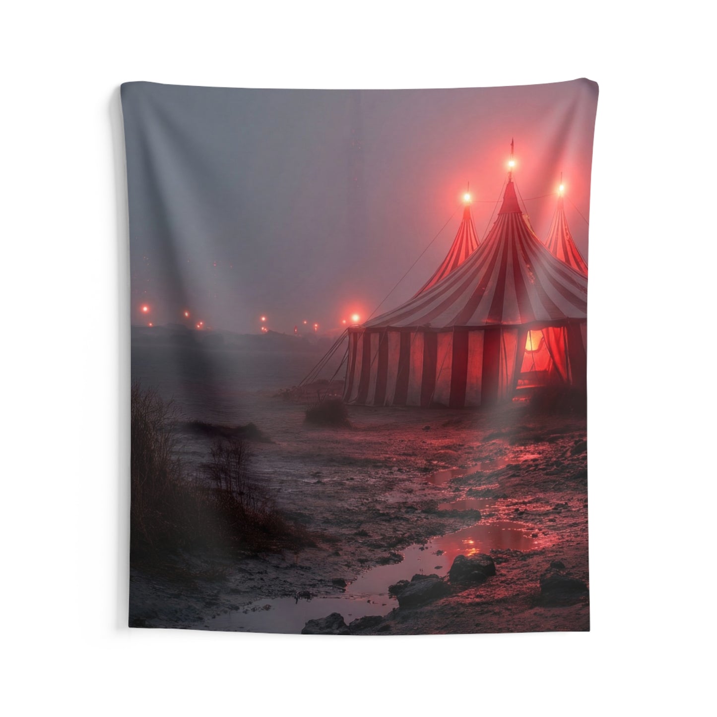 Crimson Circus Tent Indoor Wall Tapestries – Midnight Mirage on the Shoreline
