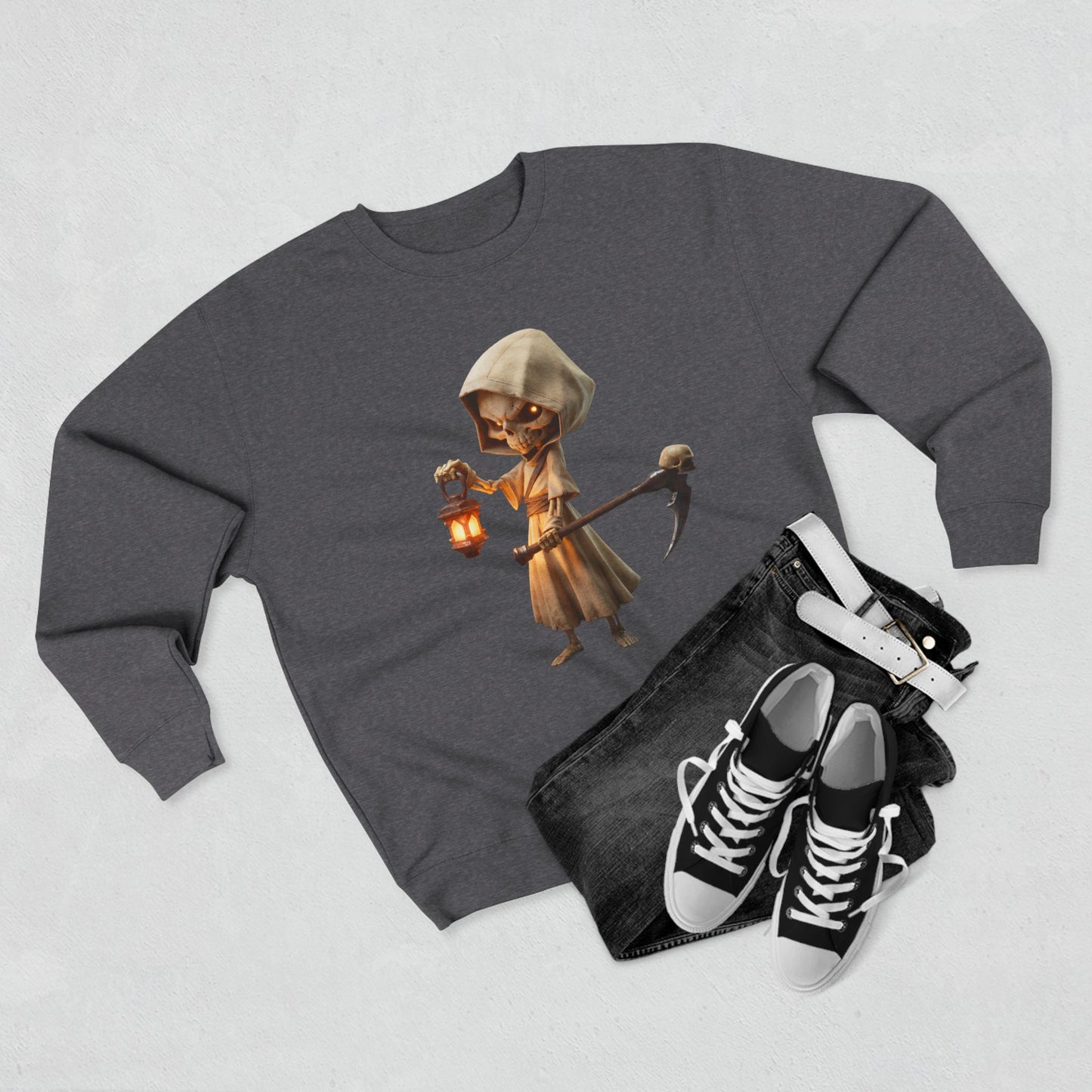 Lantern Bearer Hooded Skeleton Crewneck Sweatshirt – Warm Glow Guardian Art