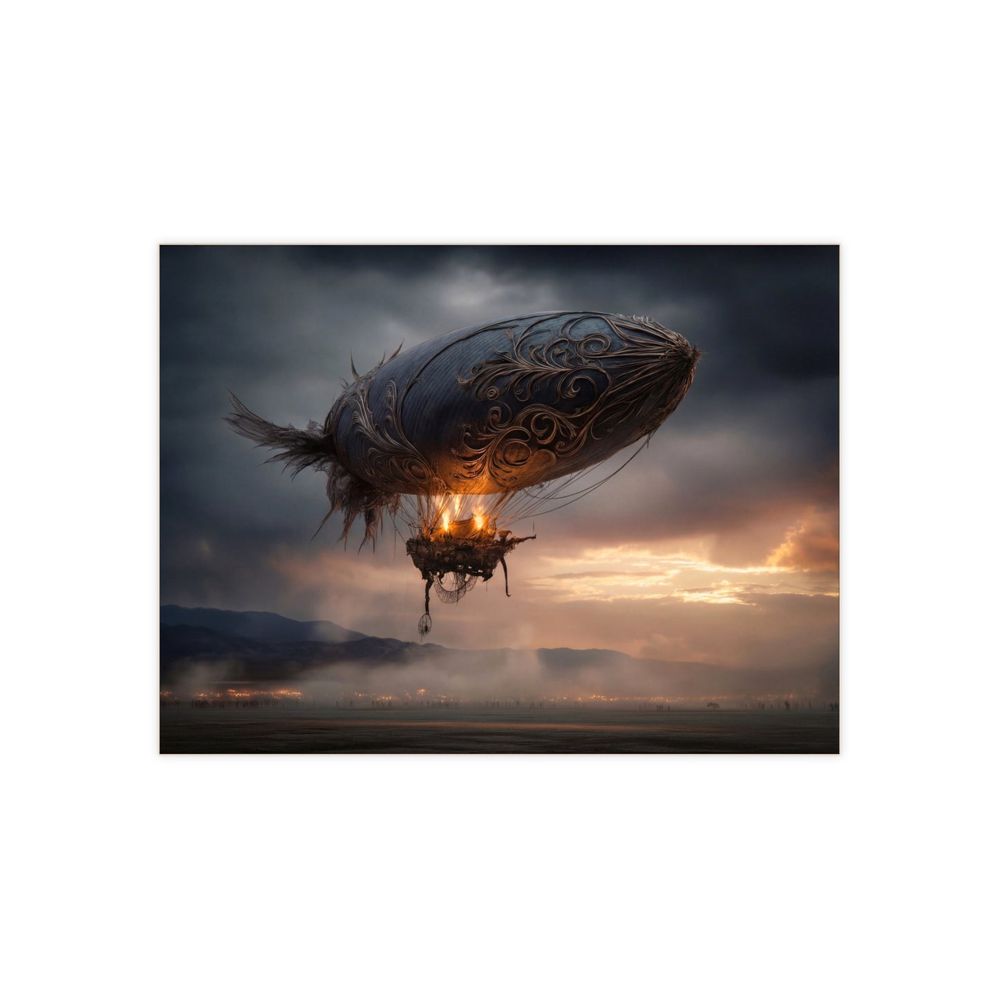 Ornate Airship Ceramic Photo Tile – Sunset Flight Through Stormy Skies