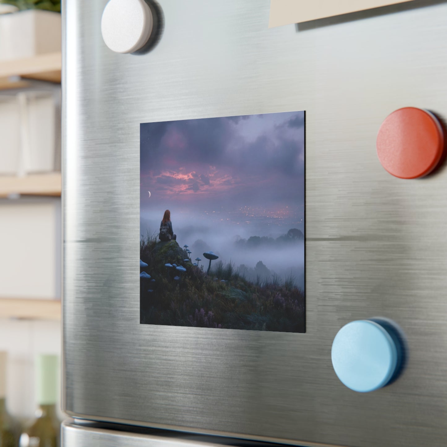 Lone Pathfinder Square Magnet – Twilight Vista with Crescent Moon