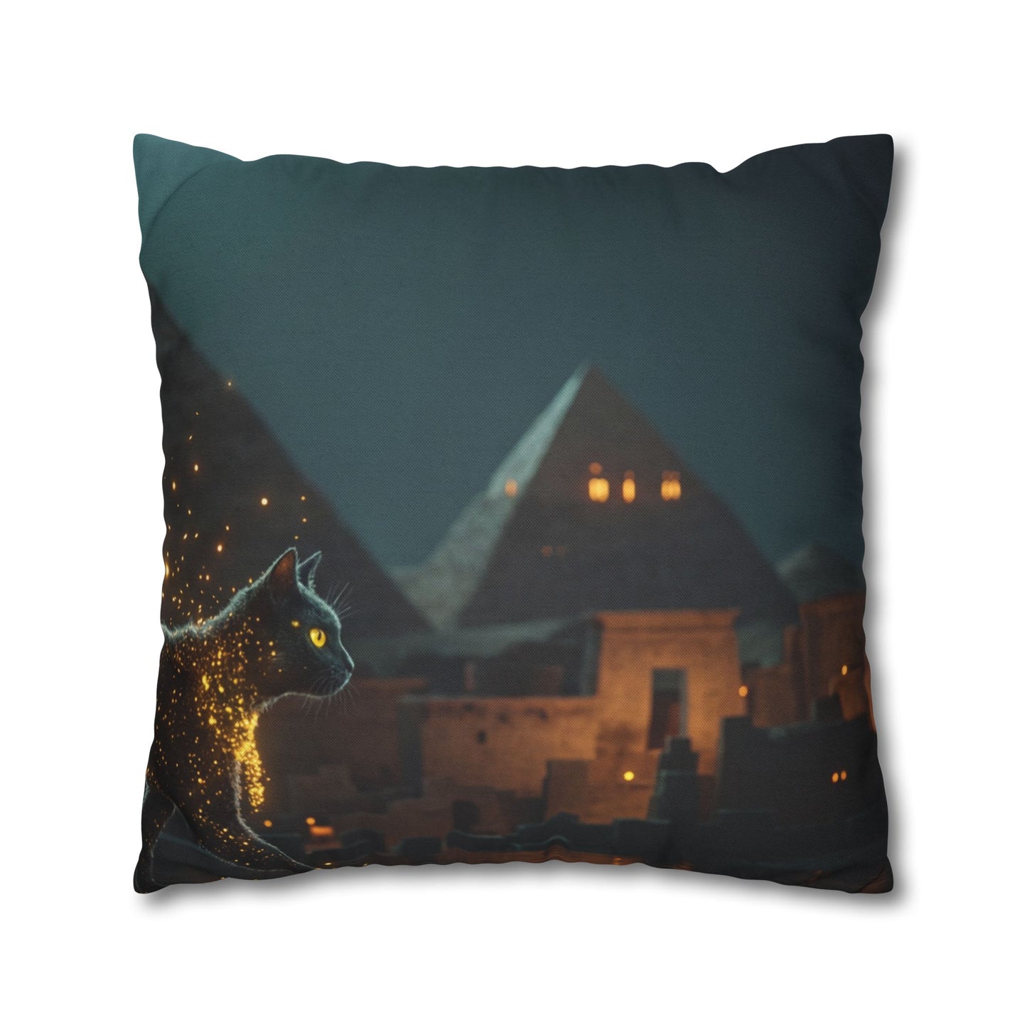 Starlit Cat by Pyramids Spun Polyester Square Pillowcase – Ancient Nightwalk Dreamscape