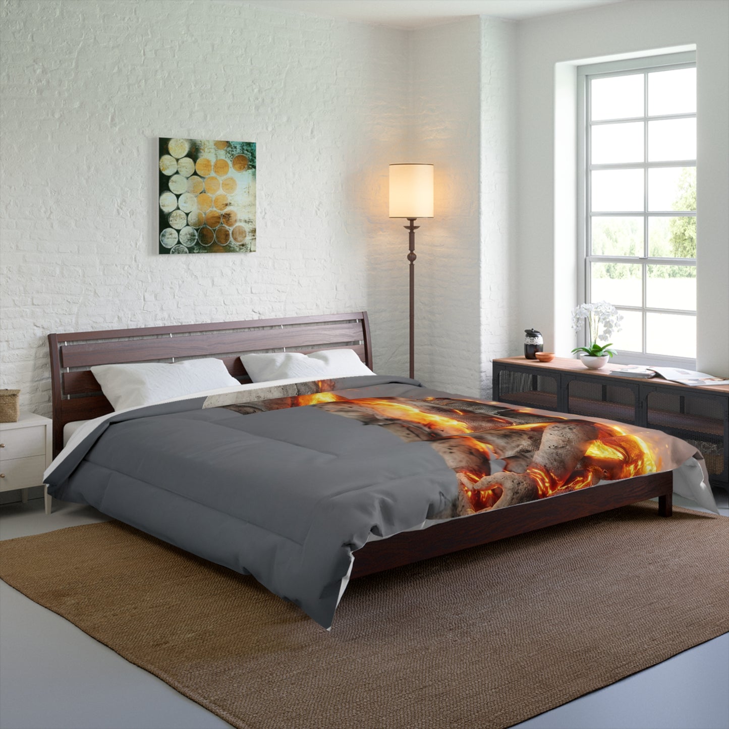 Fiery Rebirth Comforter – Crumpled Paper Figure in Flame Meditation
