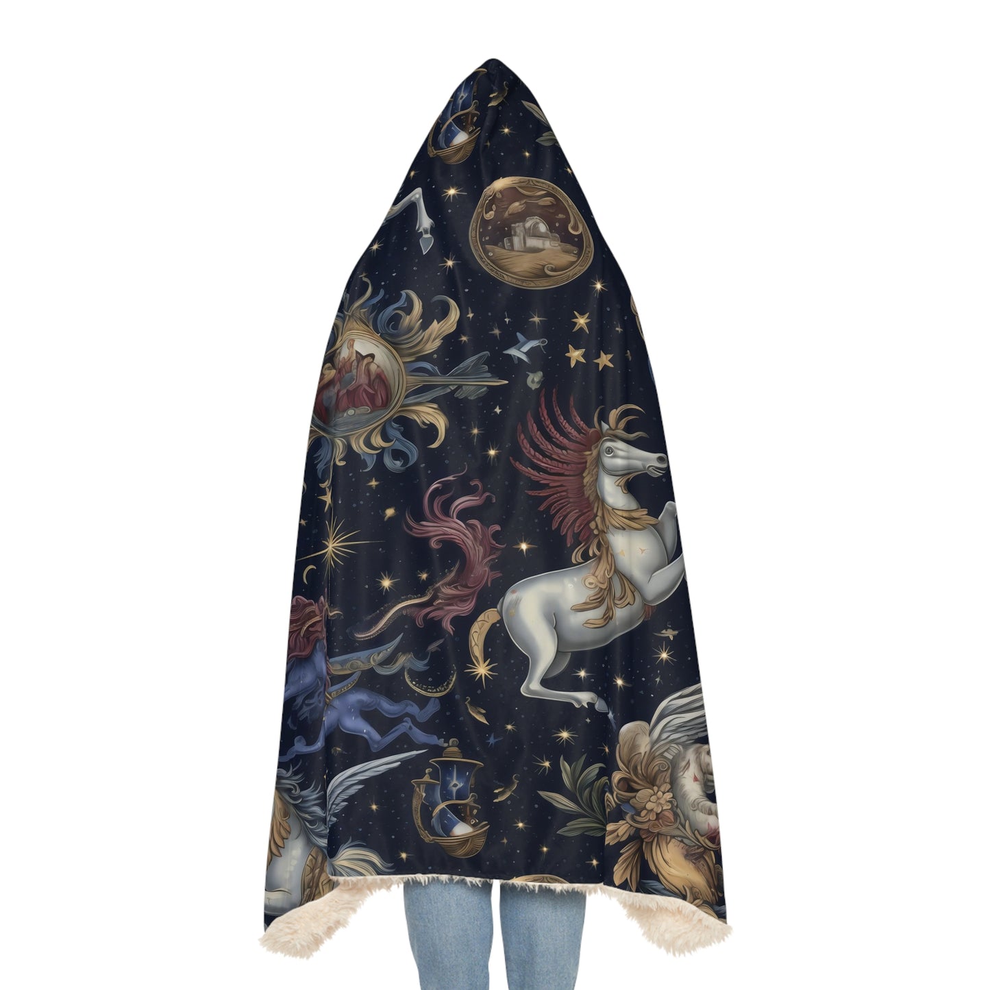 "A detailed pattern of mythical celestial creatures and constellations, such as Pegasus, Orion, and Cassiopeia, depicted in a tapestry of deep cobalt, rich burgundy, and luminous silver." -  Snuggle Blanket