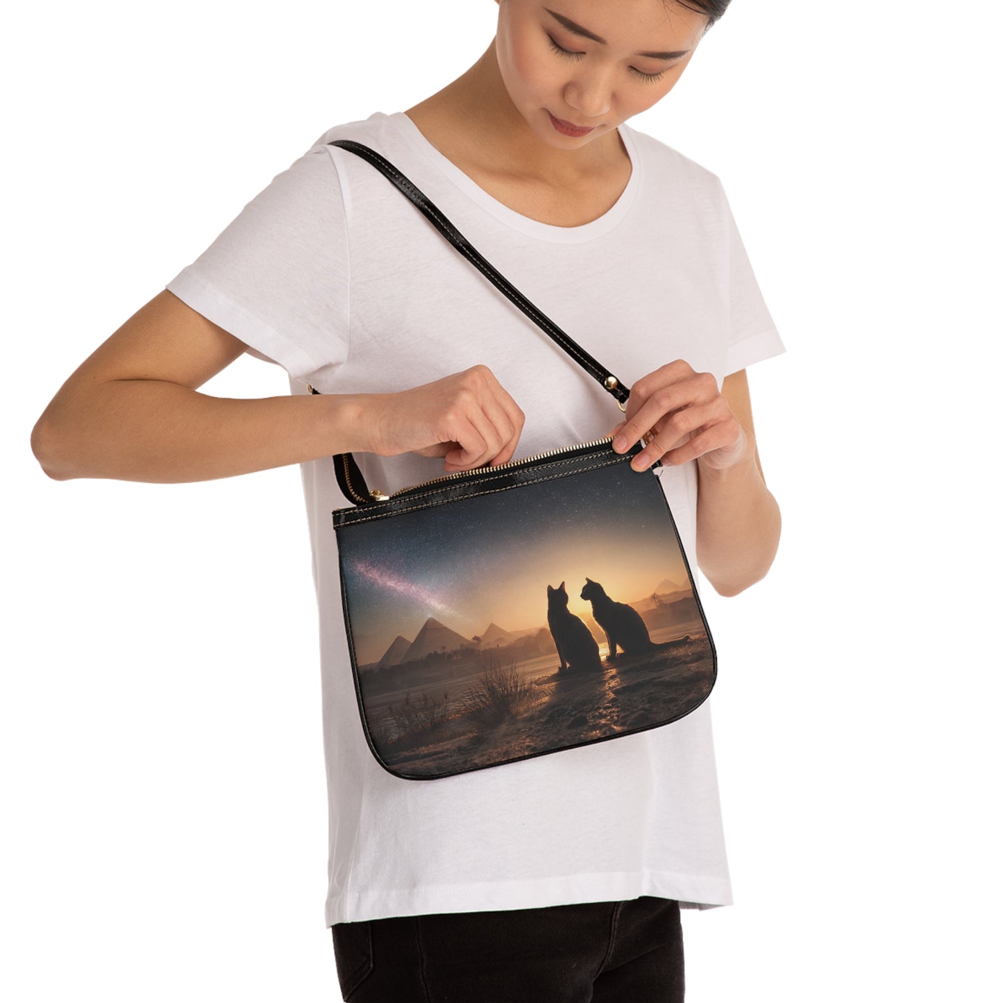 Starlit Pyramids Cat Pair Small Shoulder Bag – Whispers of Ancient Twilight