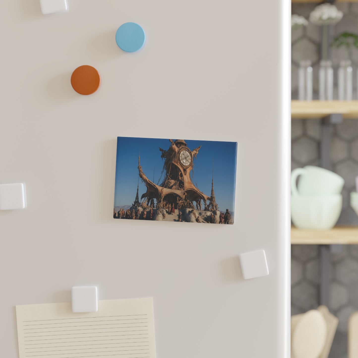 Clock Tower in the Dunes Button Magnet, Rectangle (1 & 10 pcs) – Time’s Woven Sanctuary