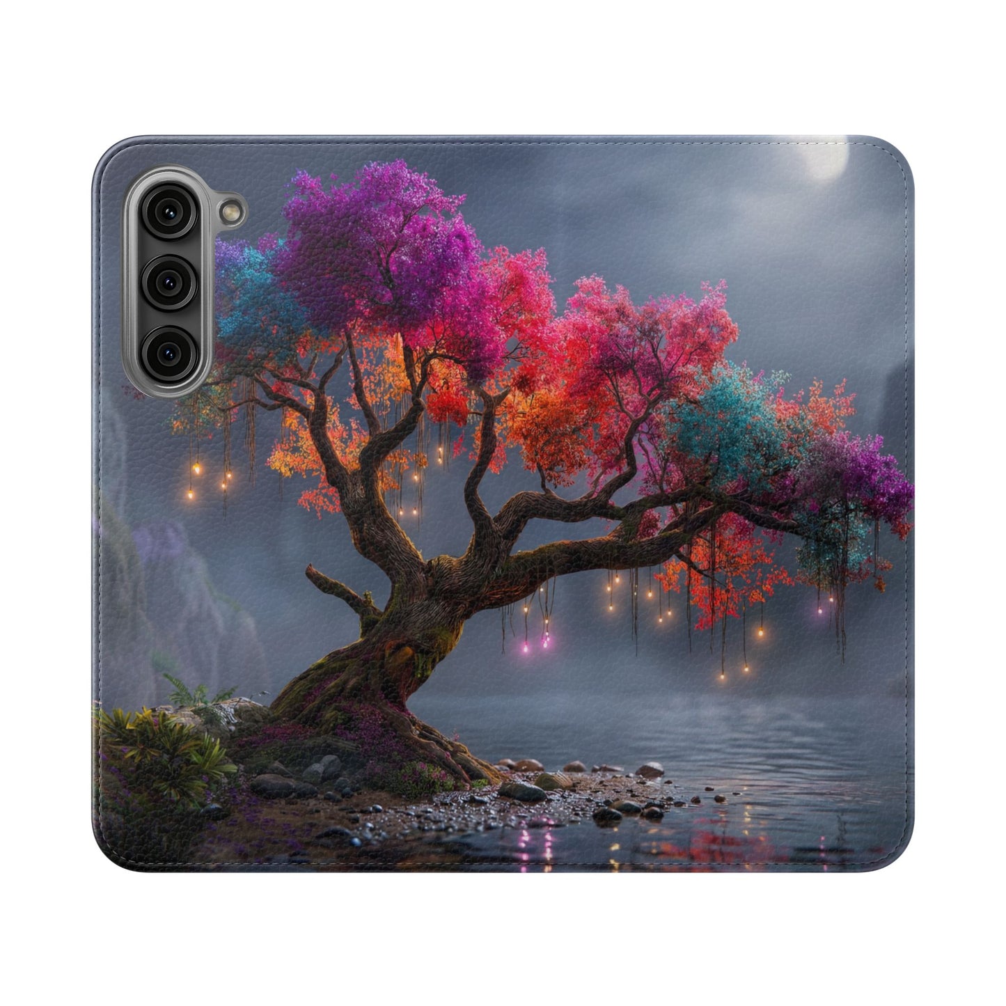 Chromatic Canopy Flip Cases – Rainbow Tree Moonlit Waterfall Scene