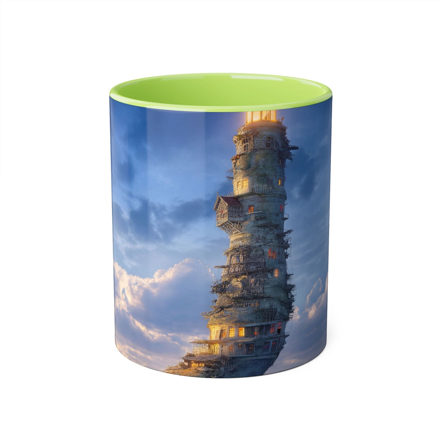 Towering Lighthouse Accent Mugs, 11oz – Floating Beacon Over Twilight Sea