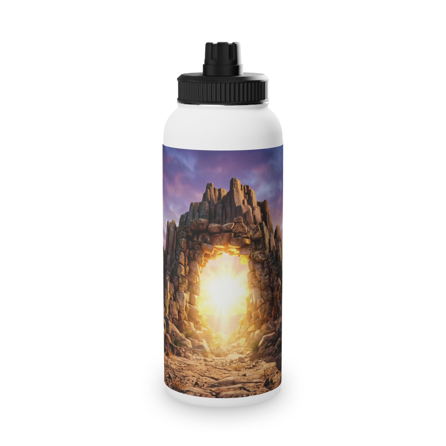 Celestial Portal Stainless Steel Water Bottle, Sports Lid – Sunlit Stone Gateway