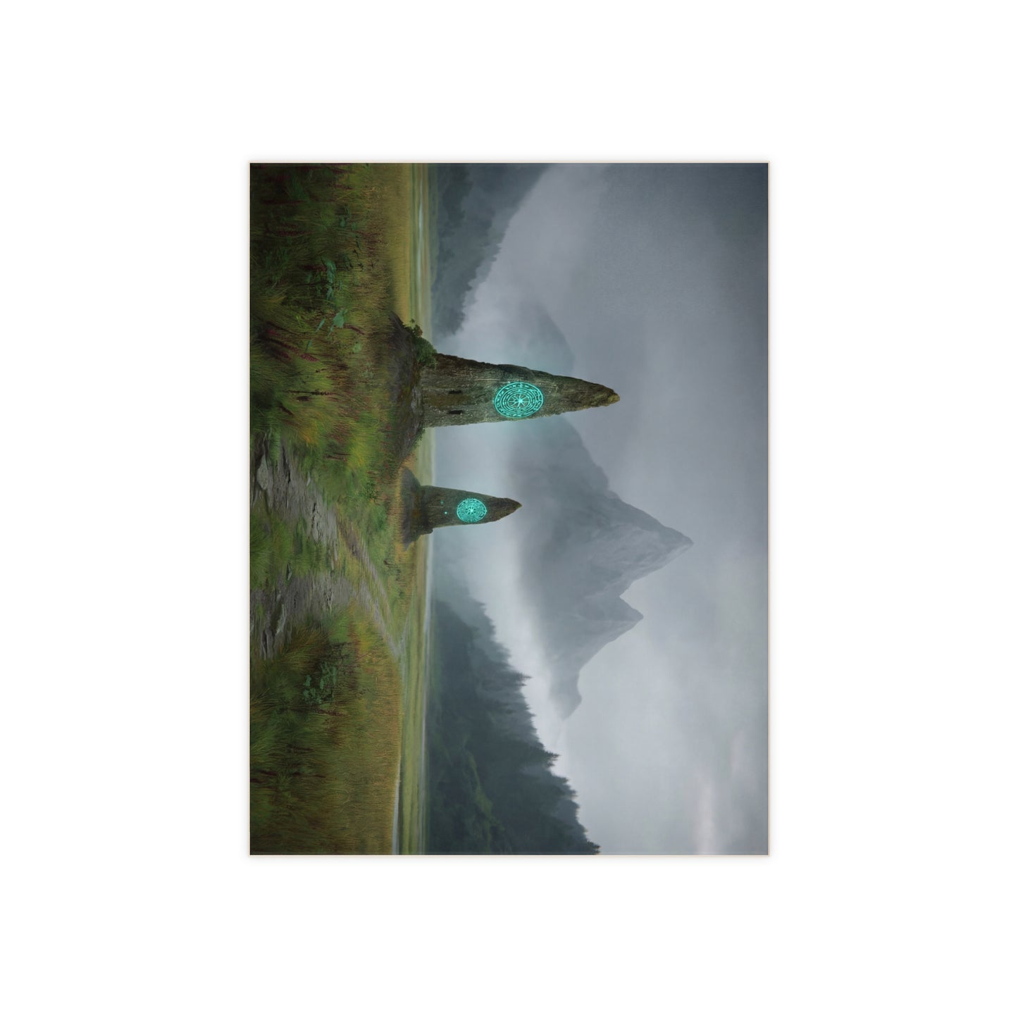 Ancient Portal Stones Ceramic Photo Tile – Glowing Path Through Misty Peaks