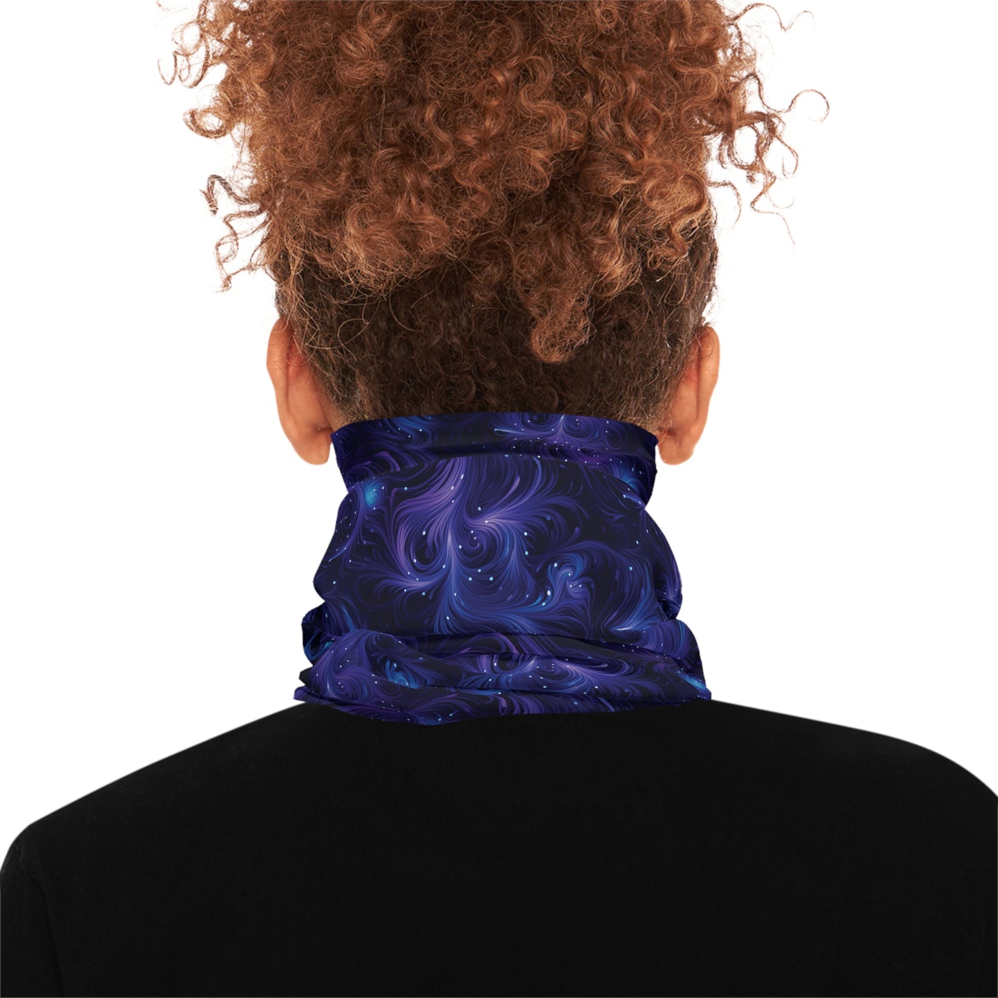 "A tiling pattern of swirling blue and purple fractal shapes reminiscent of galaxy nebulae on a midnight blue background" - Lightweight Neck Gaiter