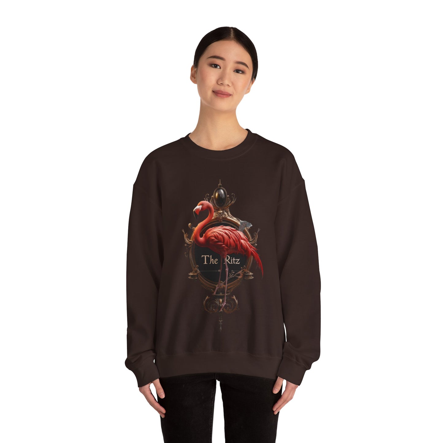 The Ritz Flamingo Unisex Heavy Blend™ Crewneck Sweatshirt – Ornate Gold Frame with Crimson Bird and Whimsical Sentinel