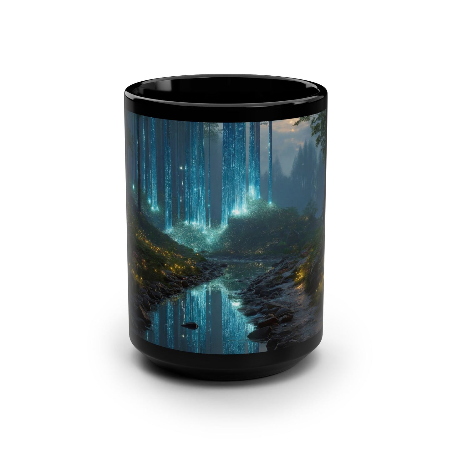 Bioluminescent Forest Stream Mug – Glowing Tree Reflections Black Ceramic