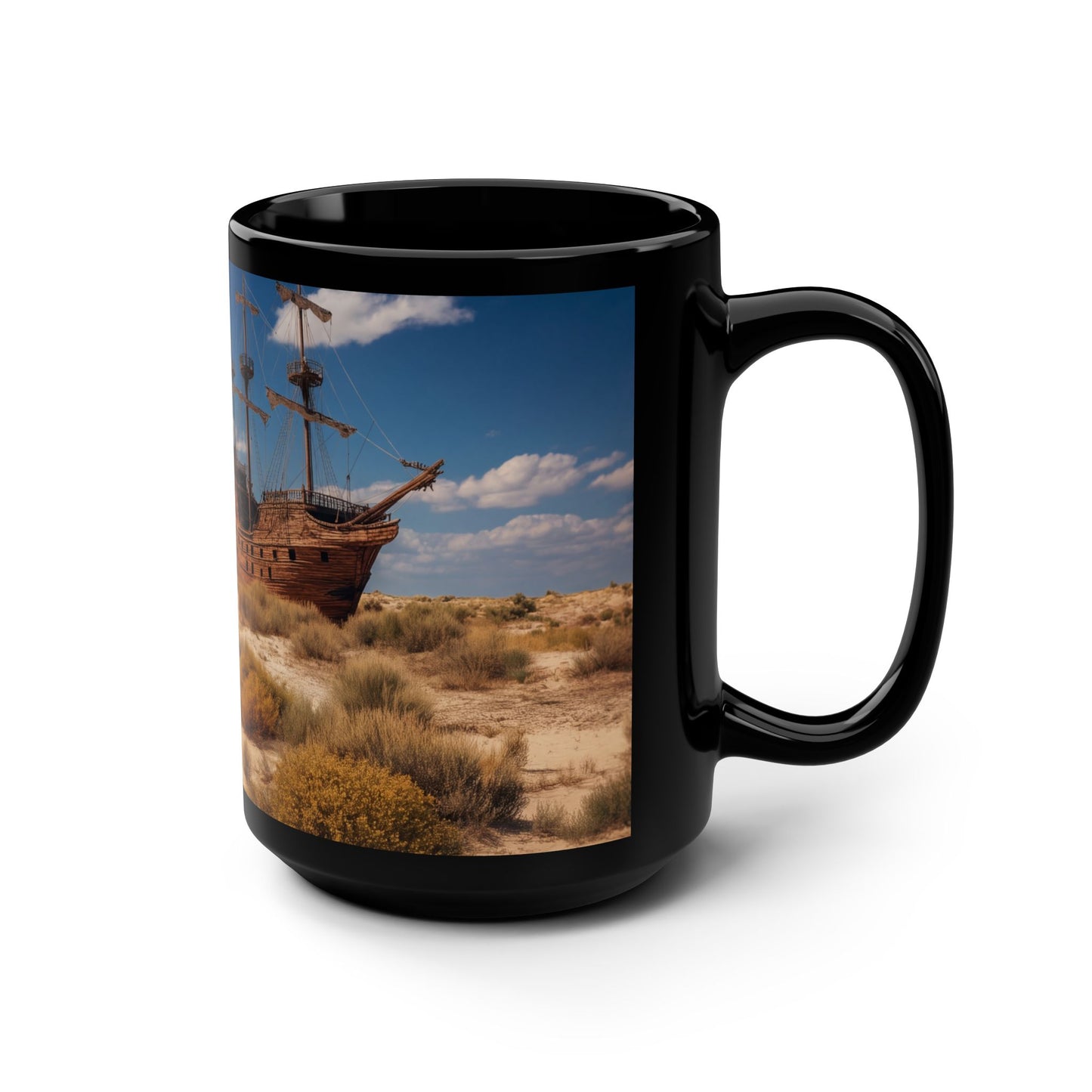Desert Shipwreck Black Mug, 15oz – Sun-Stricken Galleon Sandscape