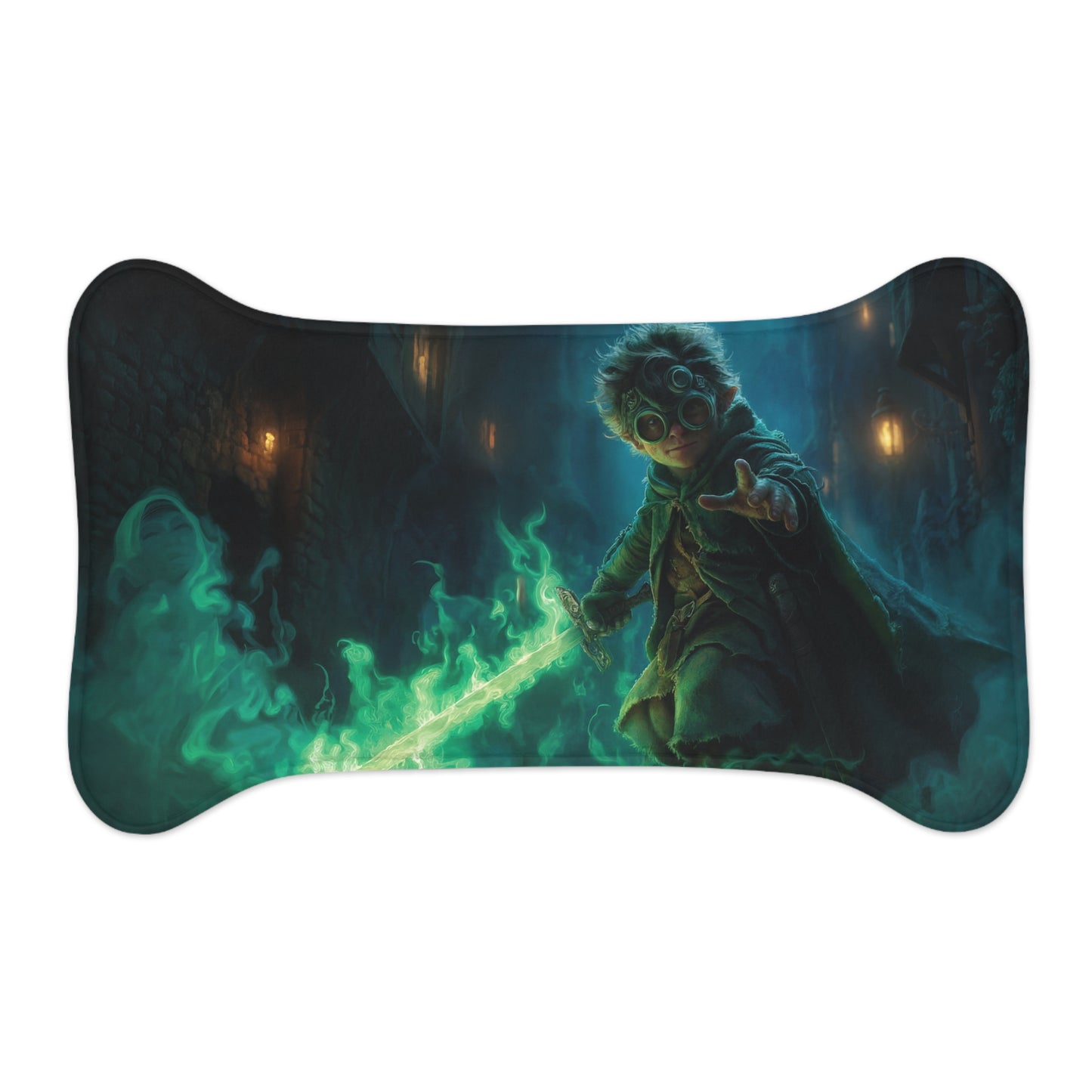 Gnome Guardian Pet Feeding Mats – Emerald Flame Sentinel