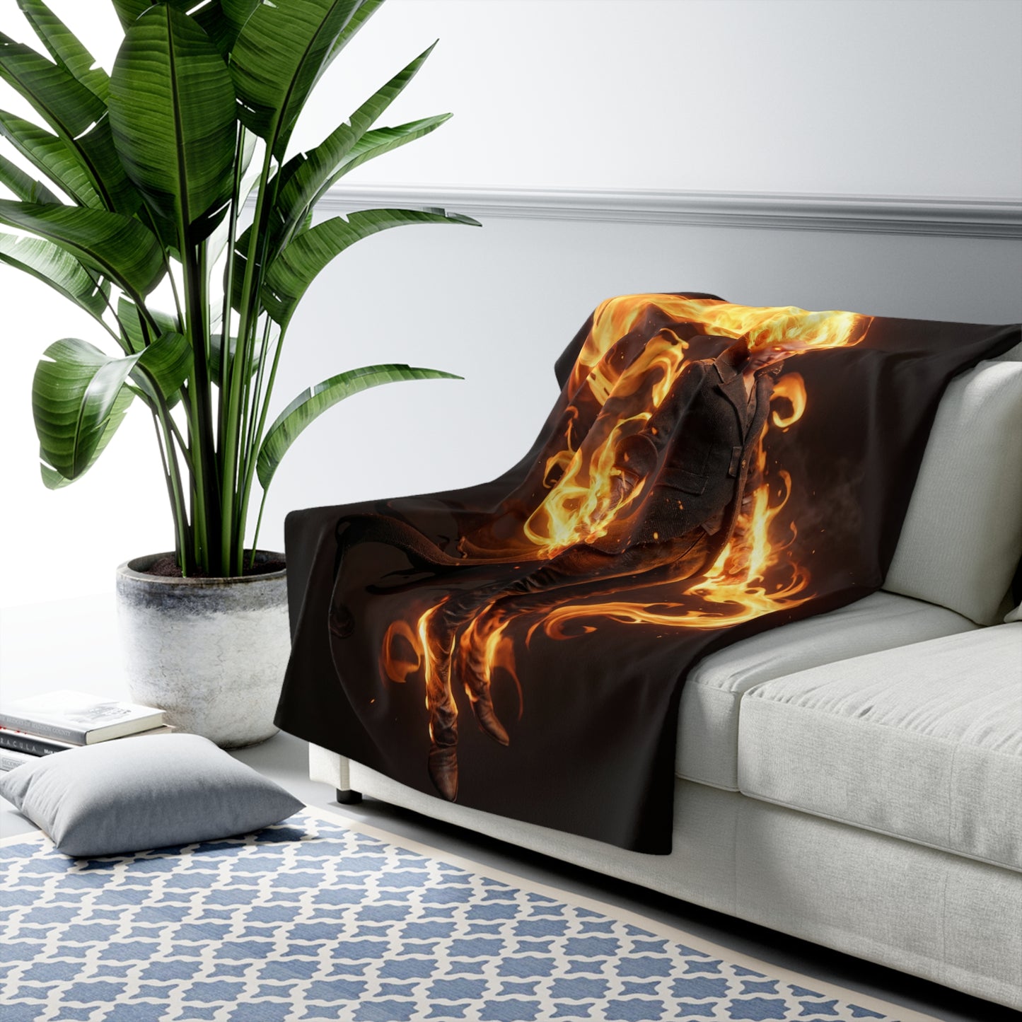 Inferno Knight Sherpa Fleece Blanket – Crimson Ember Sentinel Portrait