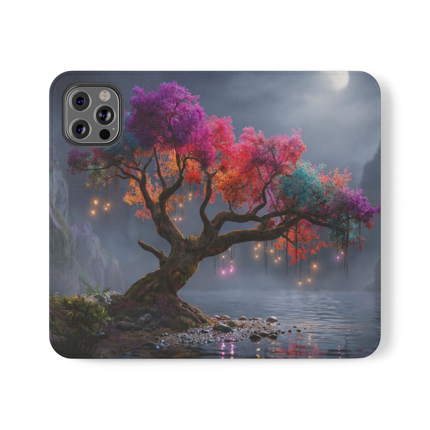 Chromatic Canopy Flip Cases – Rainbow Tree Moonlit Waterfall Scene