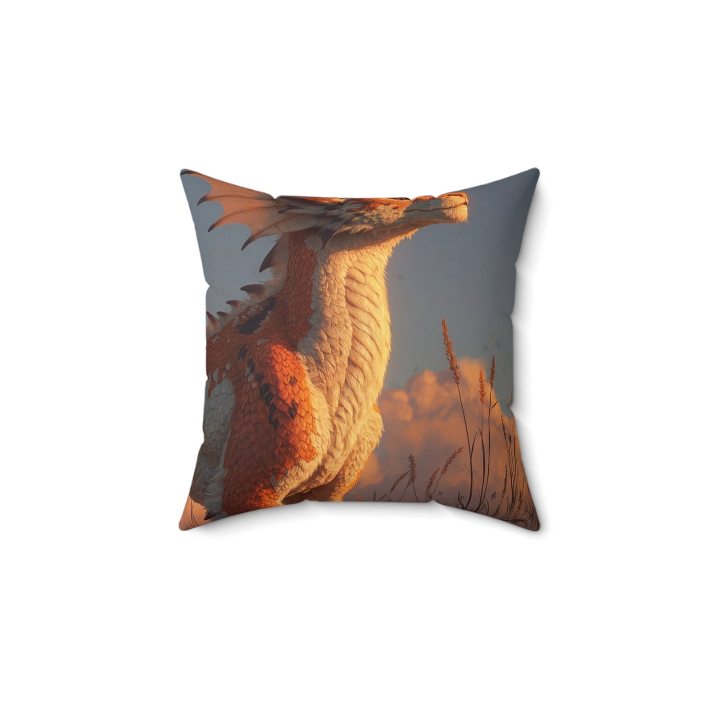 Sunset Sentinel Dragon Spun Polyester Square Pillow – Warm Amber Glow in Wild Grasses