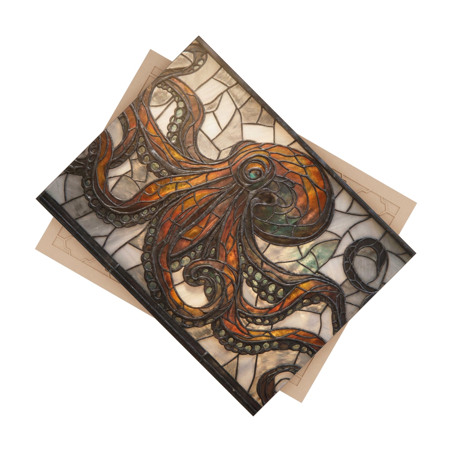 Stained Glass Octopus Ceramic Photo Tile – Amber Depths & Antique Lead