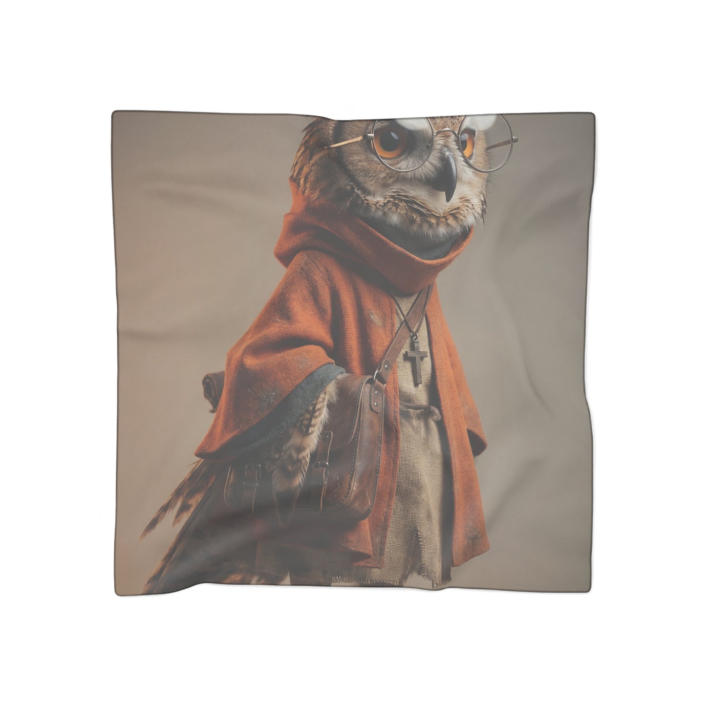 Wise Owl Scholar Poly Scarf – Amber-Hued Wisdom in Textile